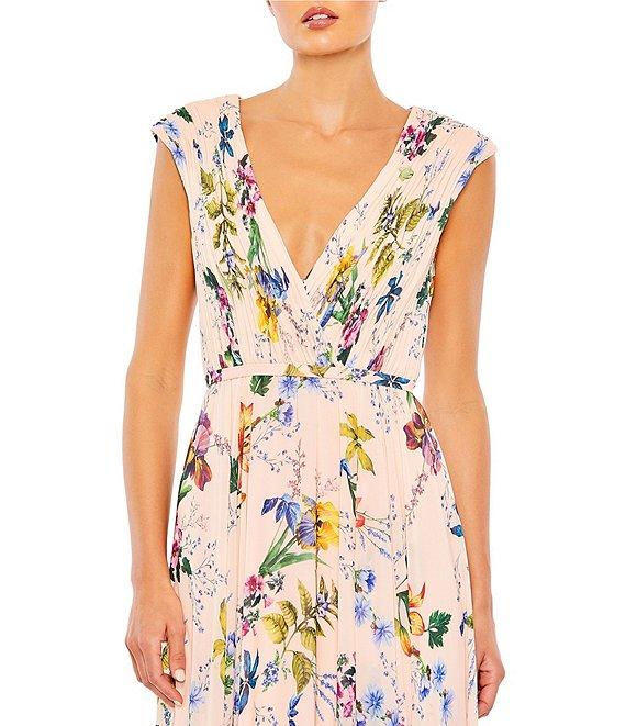 Mac Duggal V-Neck Shirred Bodice Floral Chiffon A-Line Gown Product Image