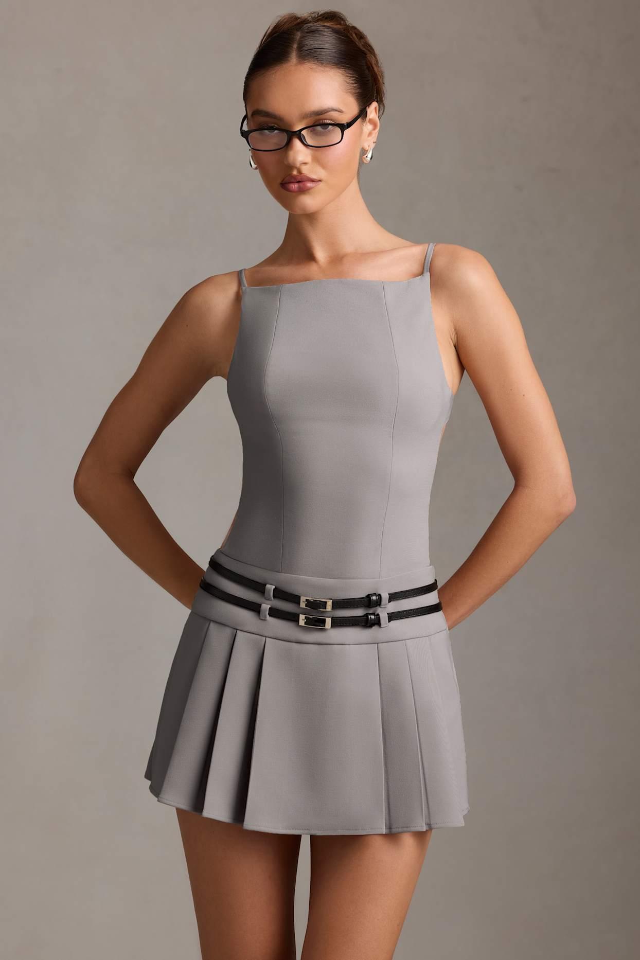 Belted Backless Pleated Mini Dress in Grey Product Image