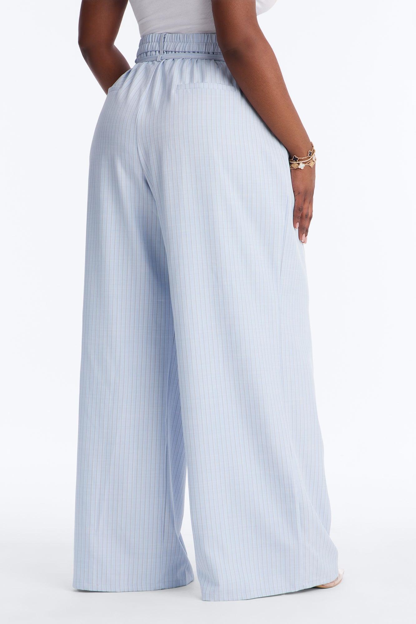 Old Money Feel Pinstripe Belted Trouser Pant 33″ - Blue Female Product Image