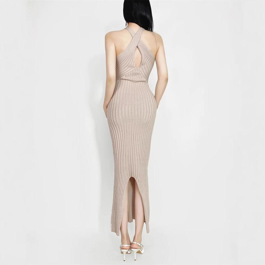 Halter Plain Ribbed Knit Maxi Sheath Dress Product Image