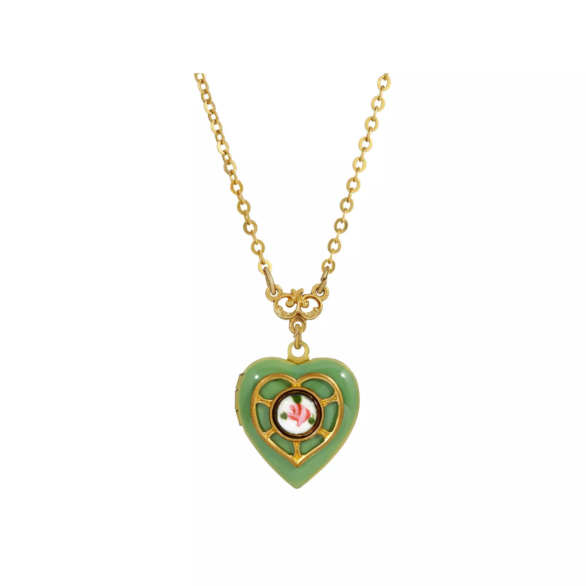 1928 Gold Tone Enamel Floral Heart Locket Necklace, Womens, Pink Product Image