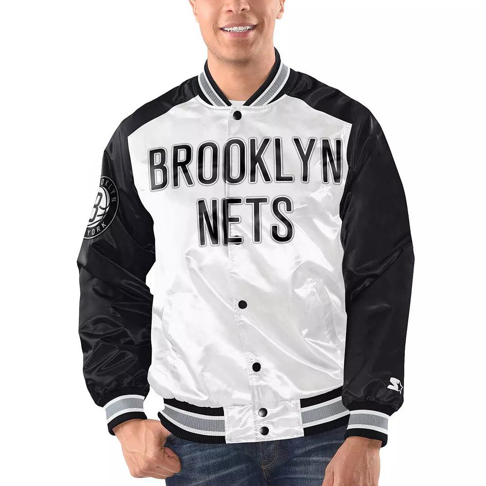 Men's Starter White/Black Brooklyn Nets Renegade Satin Full-Snap Varsity Jacket, Size: XL Product Image