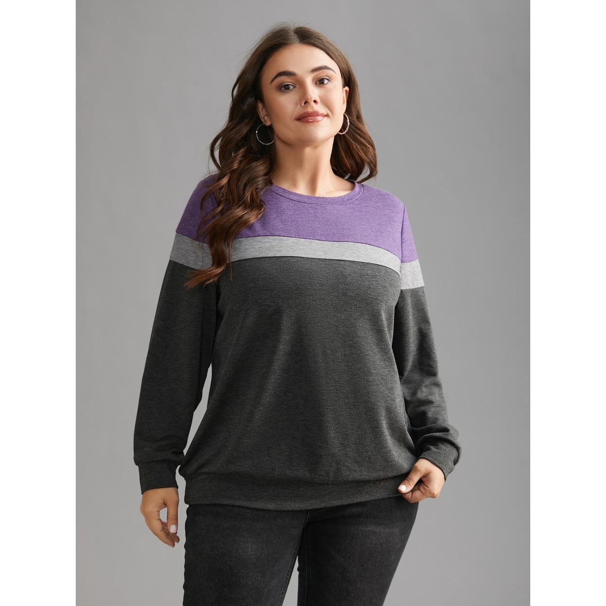 Plus Size Colorblock Contrast Round Neck Sweatshirt Women DimGray Casual Contrast Loose Round Neck Everyday Sweatshirts BloomChic 18-20/2X Product Image