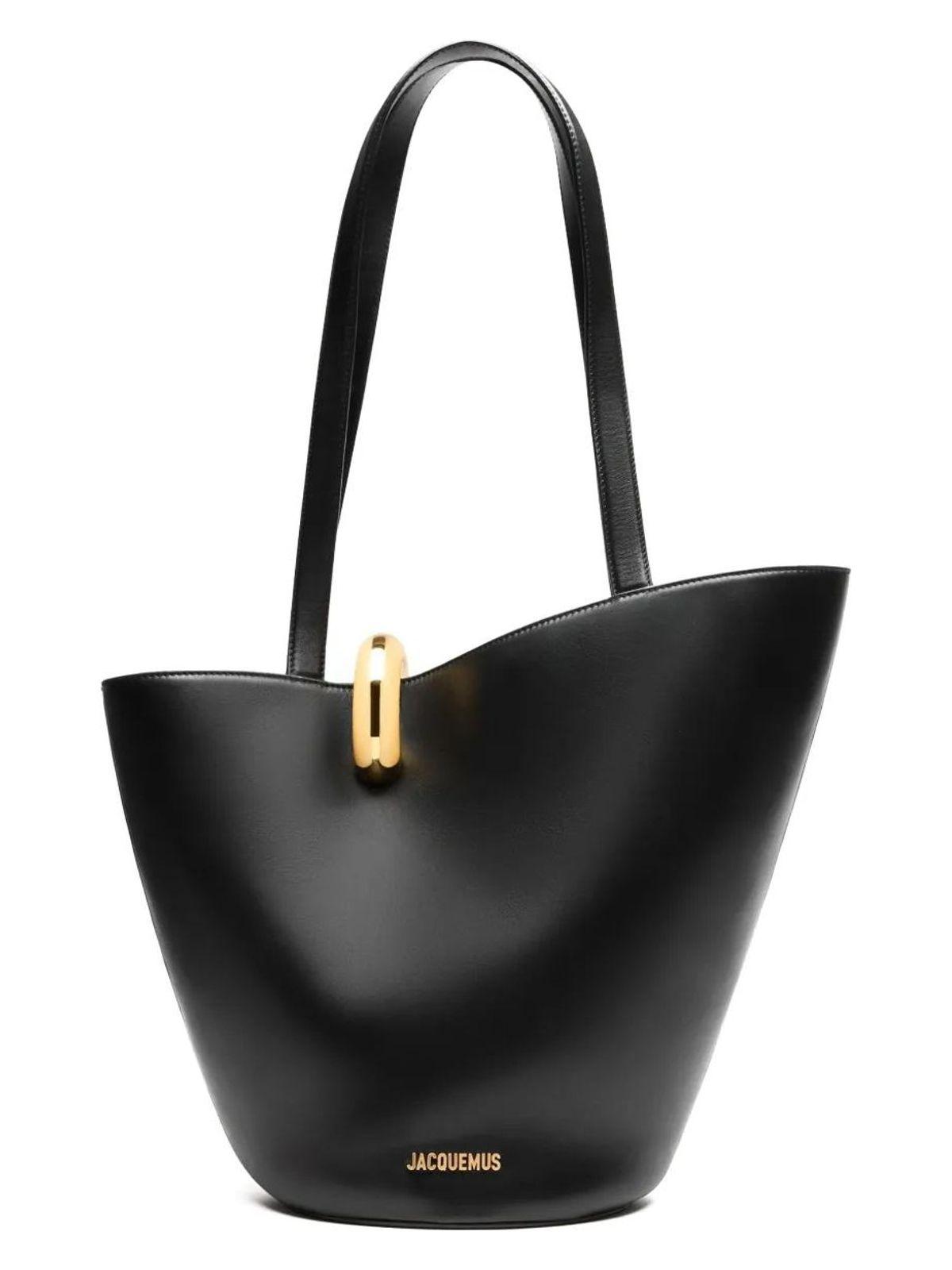 JACQUEMUS The Medium Bambola Asymmetric Leather Bucket Bag In Black 990 Product Image