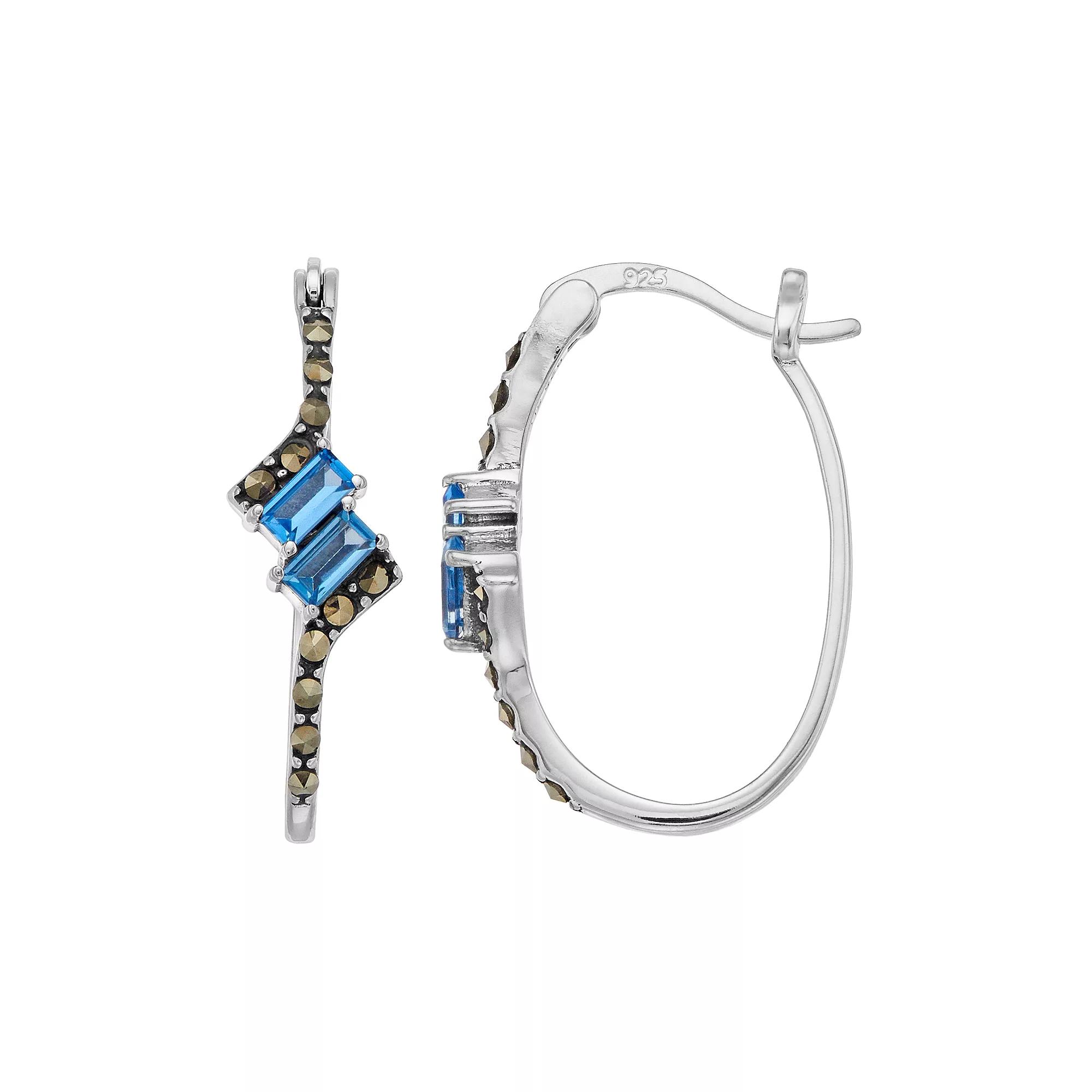 Tori Hill Sterling Silver Marcasite & Blue Glass Oval Hoop Drop Earrings, Women's Product Image