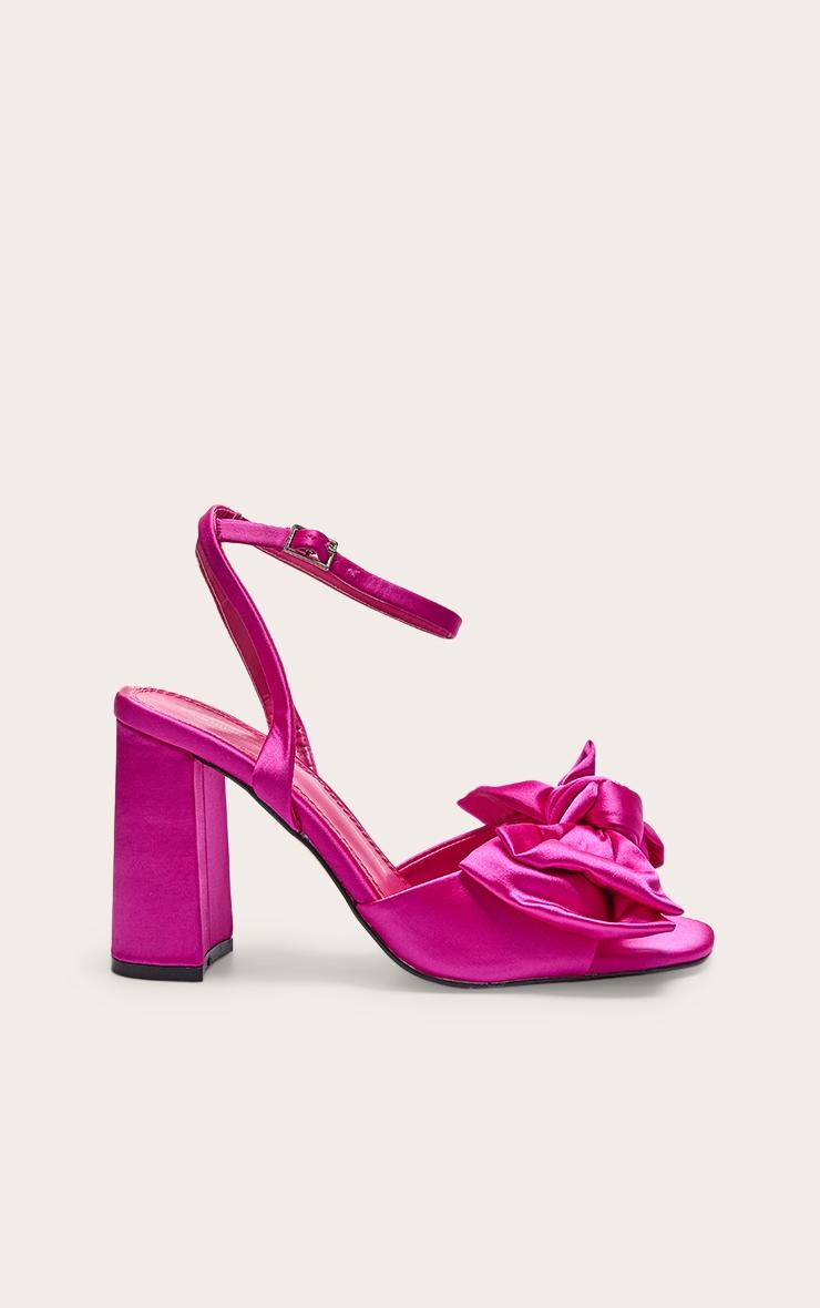 Pink Wide Fit Satin Round Toe Bow Block Heeled Sandals Product Image