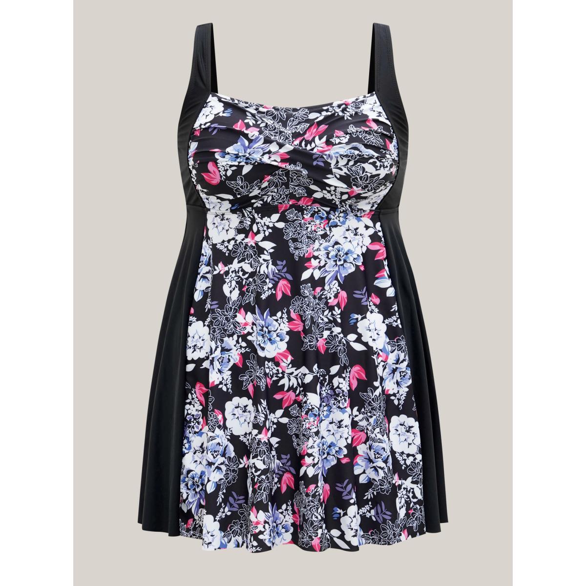 Plus Size Floral Color-Block Twist Front Swim Dress Women's Swimwear Black Beach Bodycon Heart neckline High stretch Curve Swim Dresses BloomChic 22-24/3X Product Image