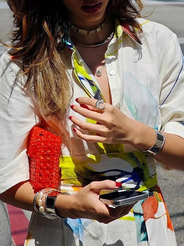 Half Sleeves Loose Asymmetric Printed Split-Joint Tied Waist Lapel Maxi Dresses Shirt Dress Product Image