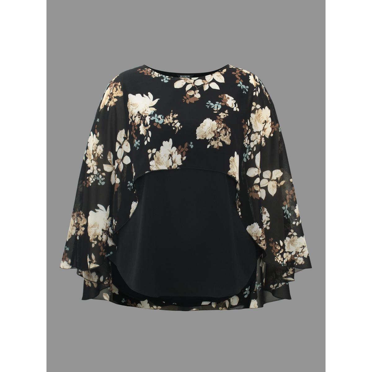 Plus Size Black Floral Chiffon High Low Hem Ruffles Blouse Women Romantic Three Quarter Length Sleeve Round Neck Elegant Blouses BloomChic 12/L Product Image
