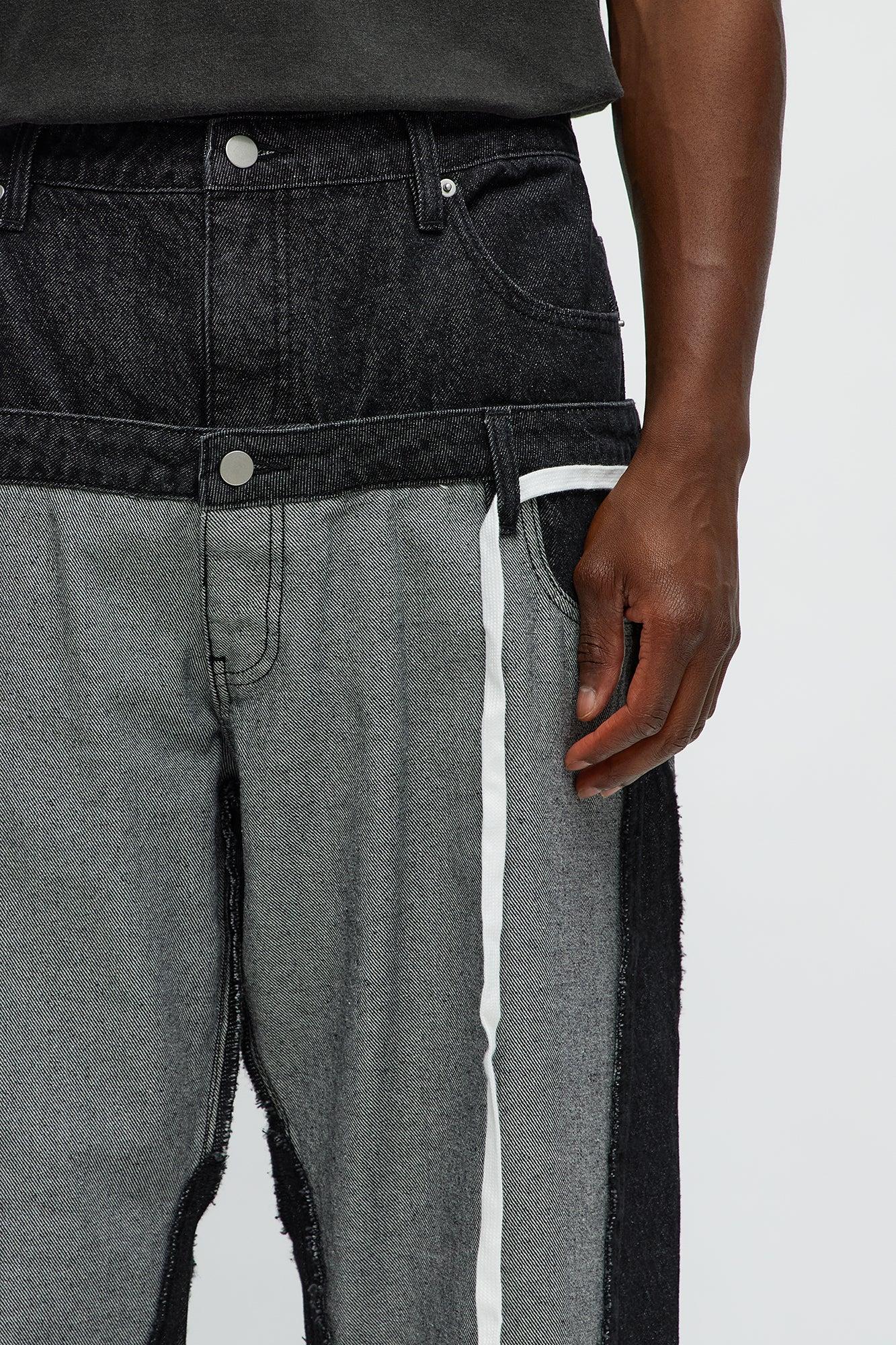 Baggy Double Waisted Panel Jeans - Black/combo Male Product Image