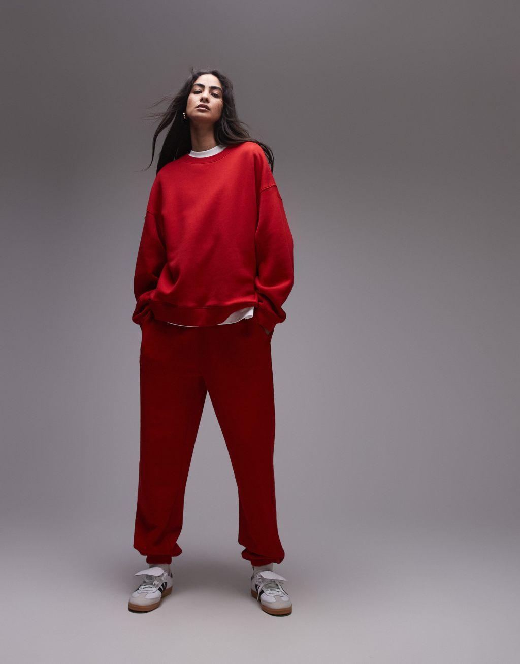 Topshop premium seam detail sweat in red Product Image