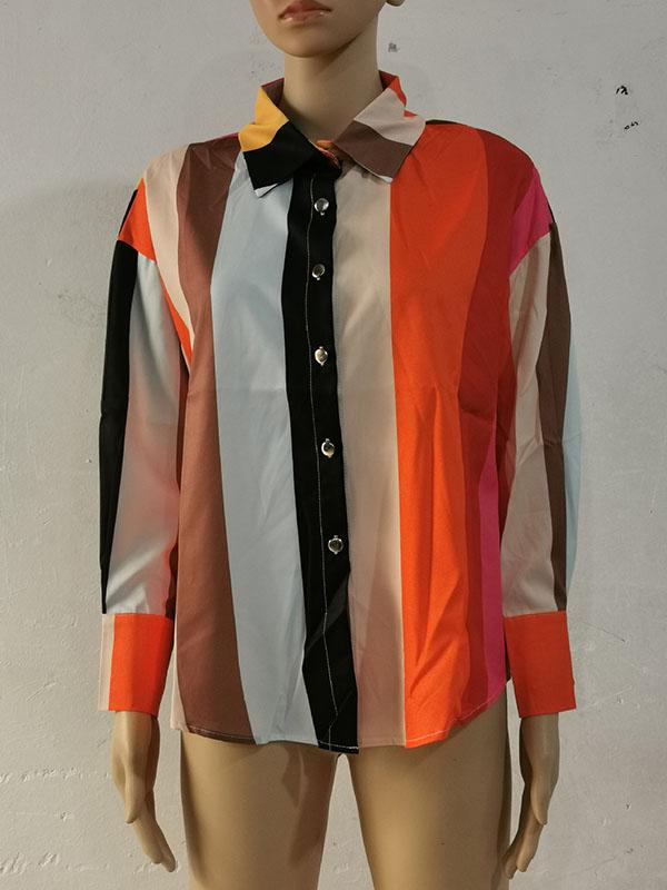 Long Sleeves Loose Contrast Color Printed Lapel Blouses Product Image