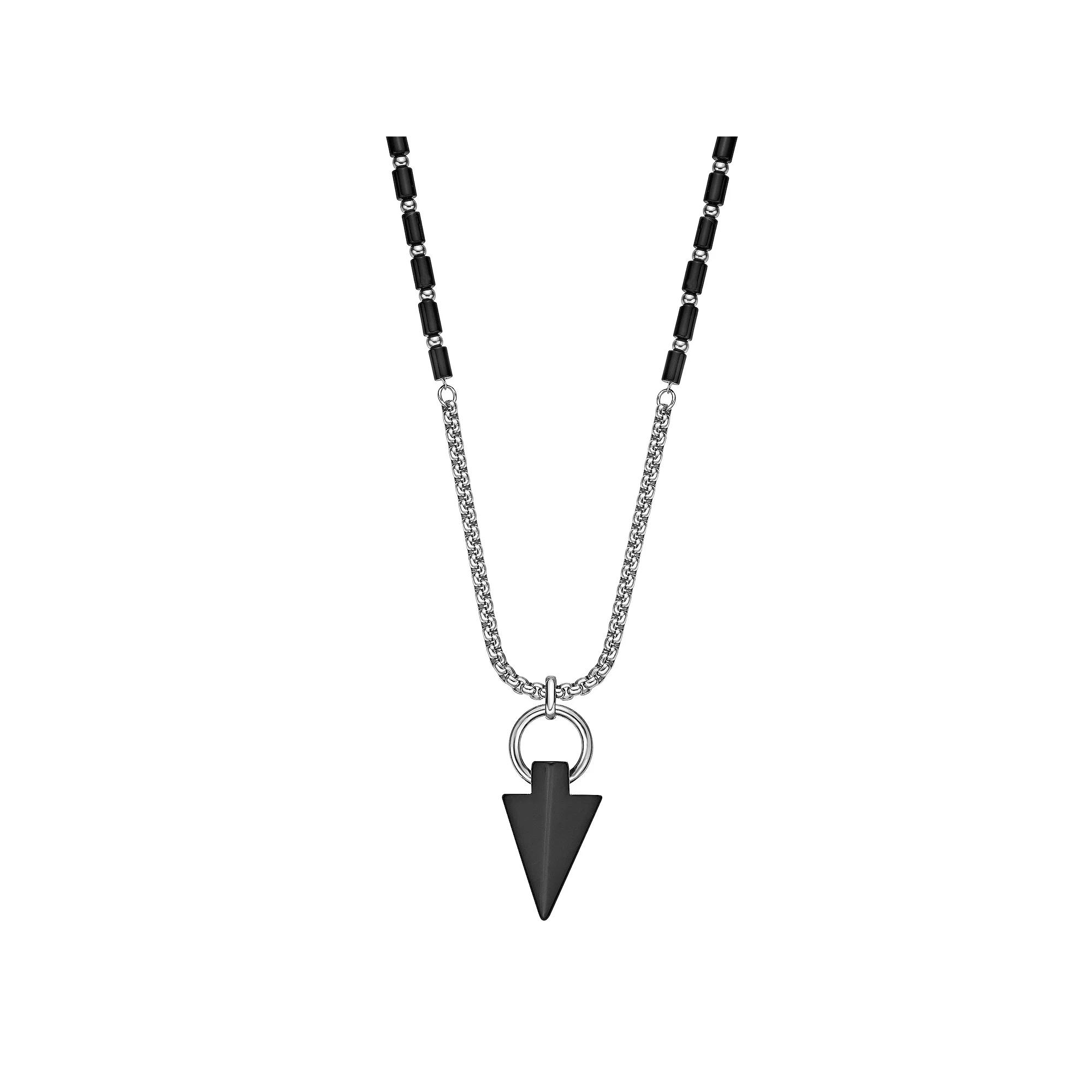 Men's LYNX Stainless Steel Black Agate Arrow Head Pendant Necklace,  Product Image