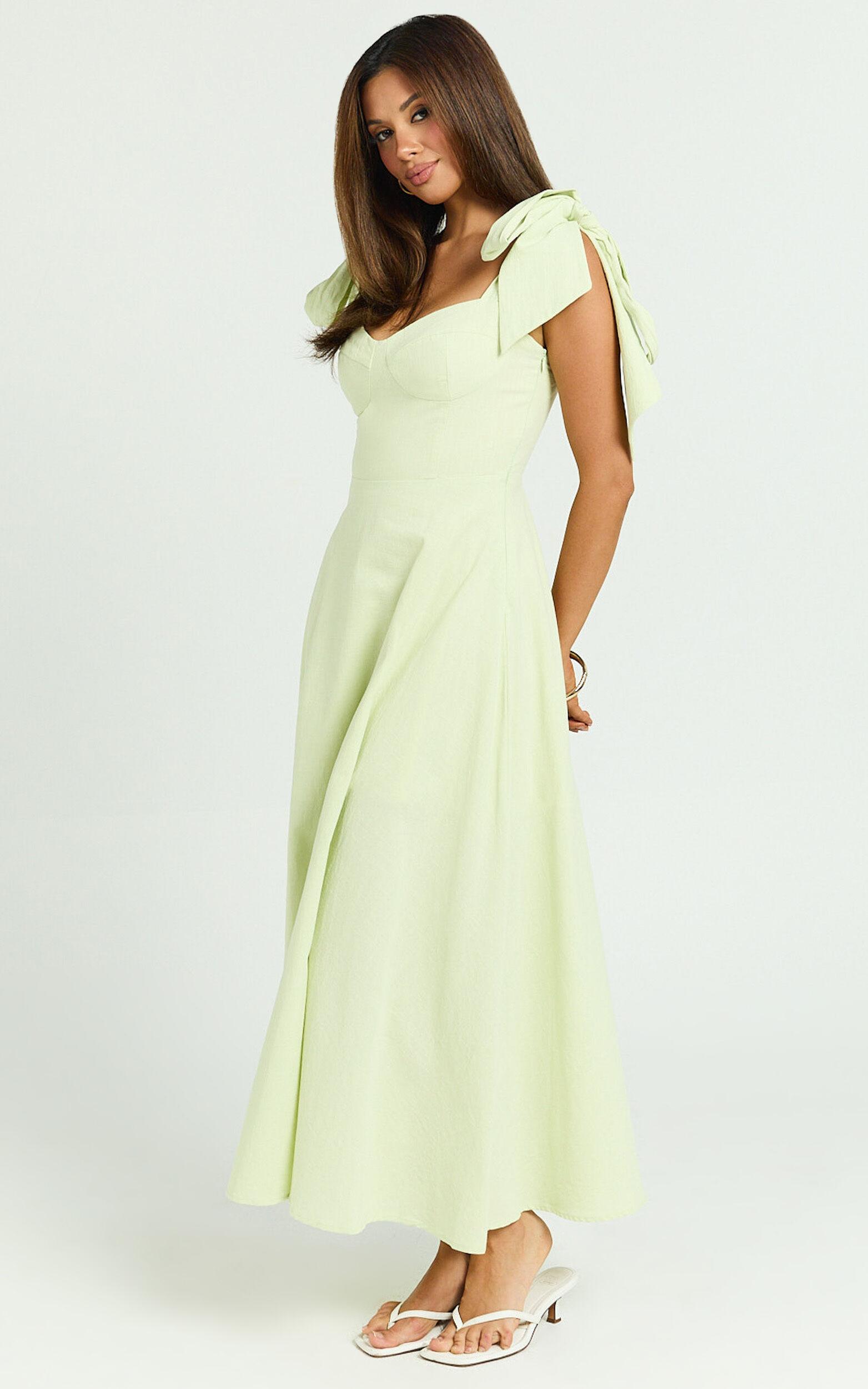 Tymia Midi Dress - Shoulder Tie Bustier Shirred Back A Line in Celery Product Image