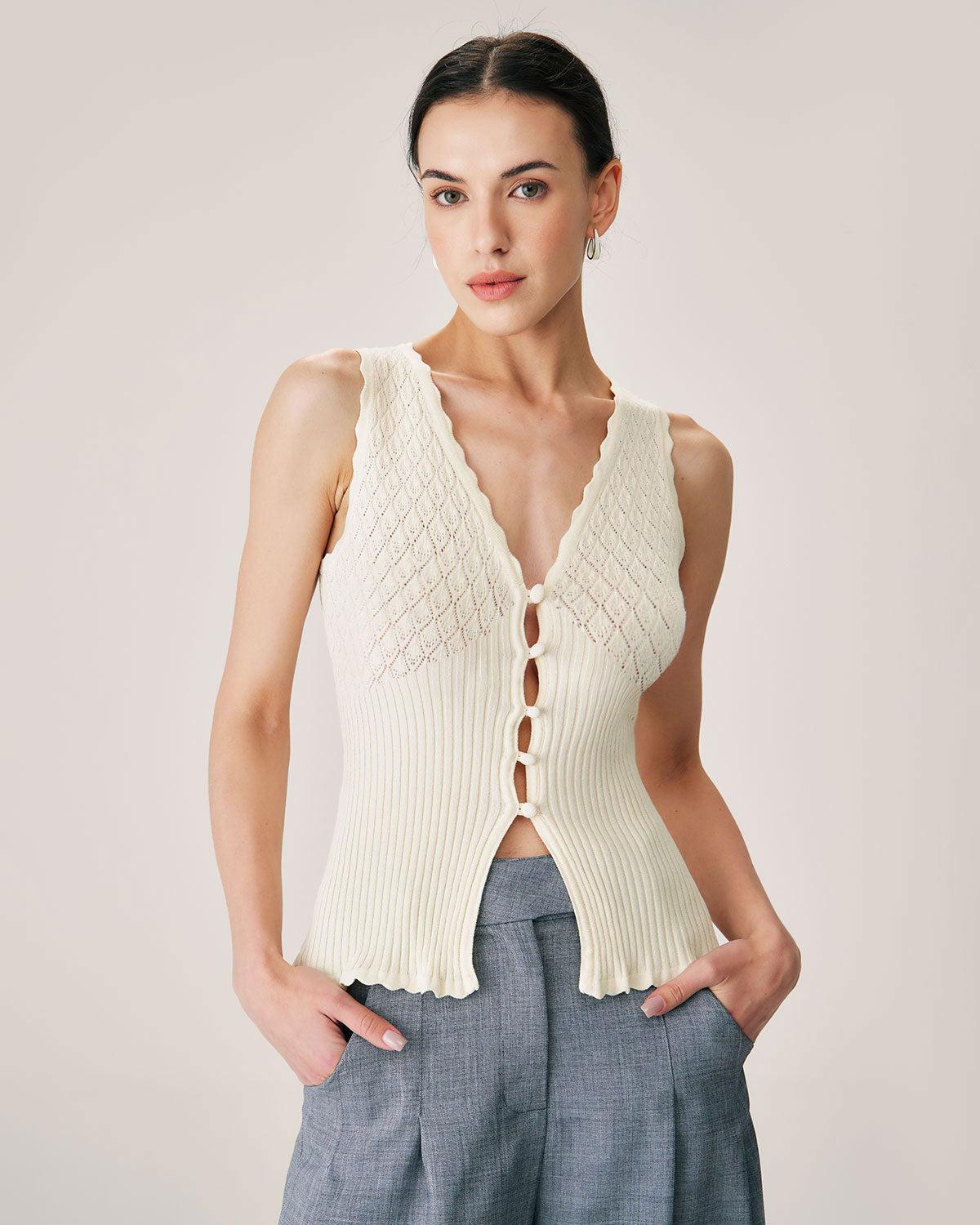Beige V Neck Ribbed Knit Tank Product Image