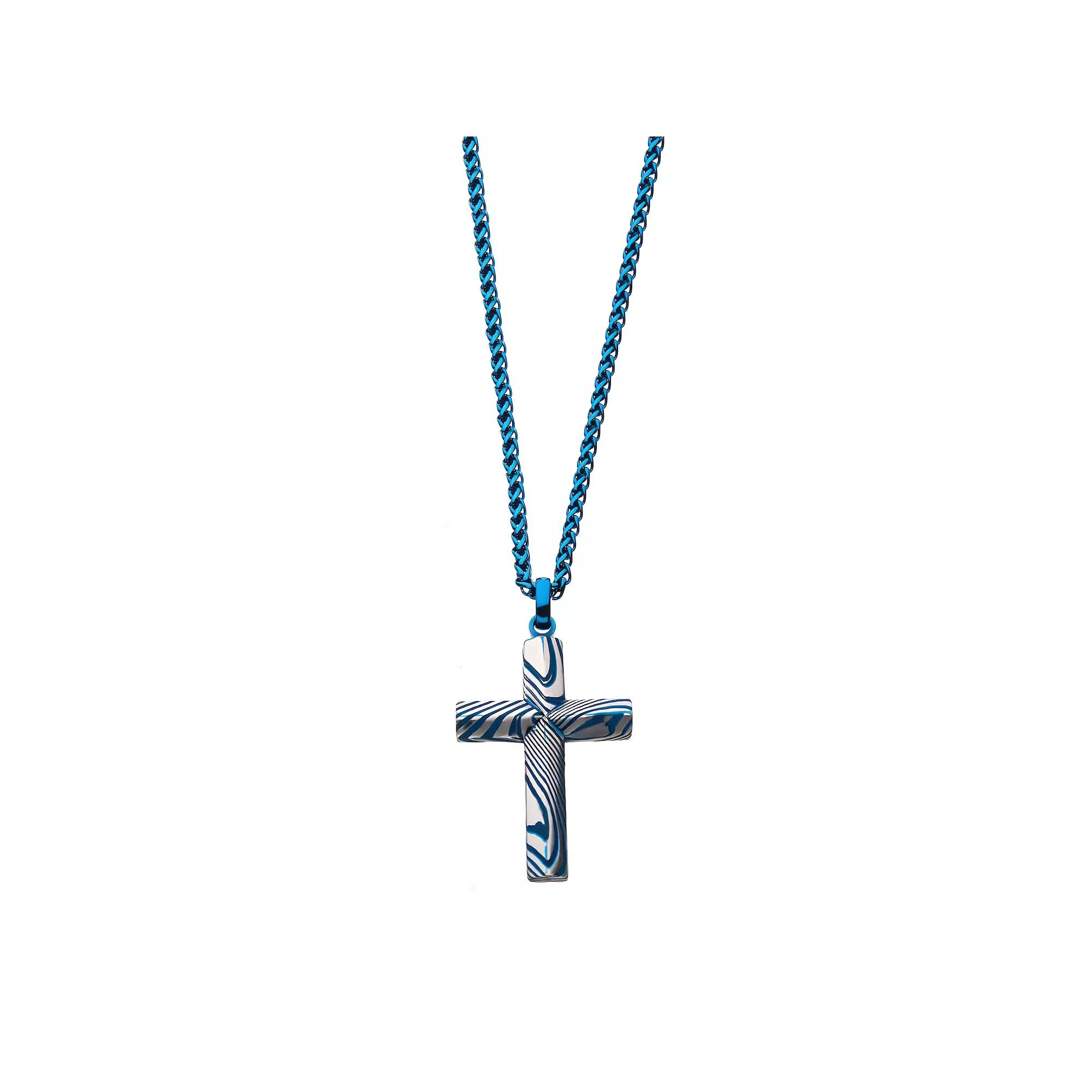 Men's Two Tone Stainless Steel Damascus Cross Pendant Necklace, Size: 24", Blue Product Image