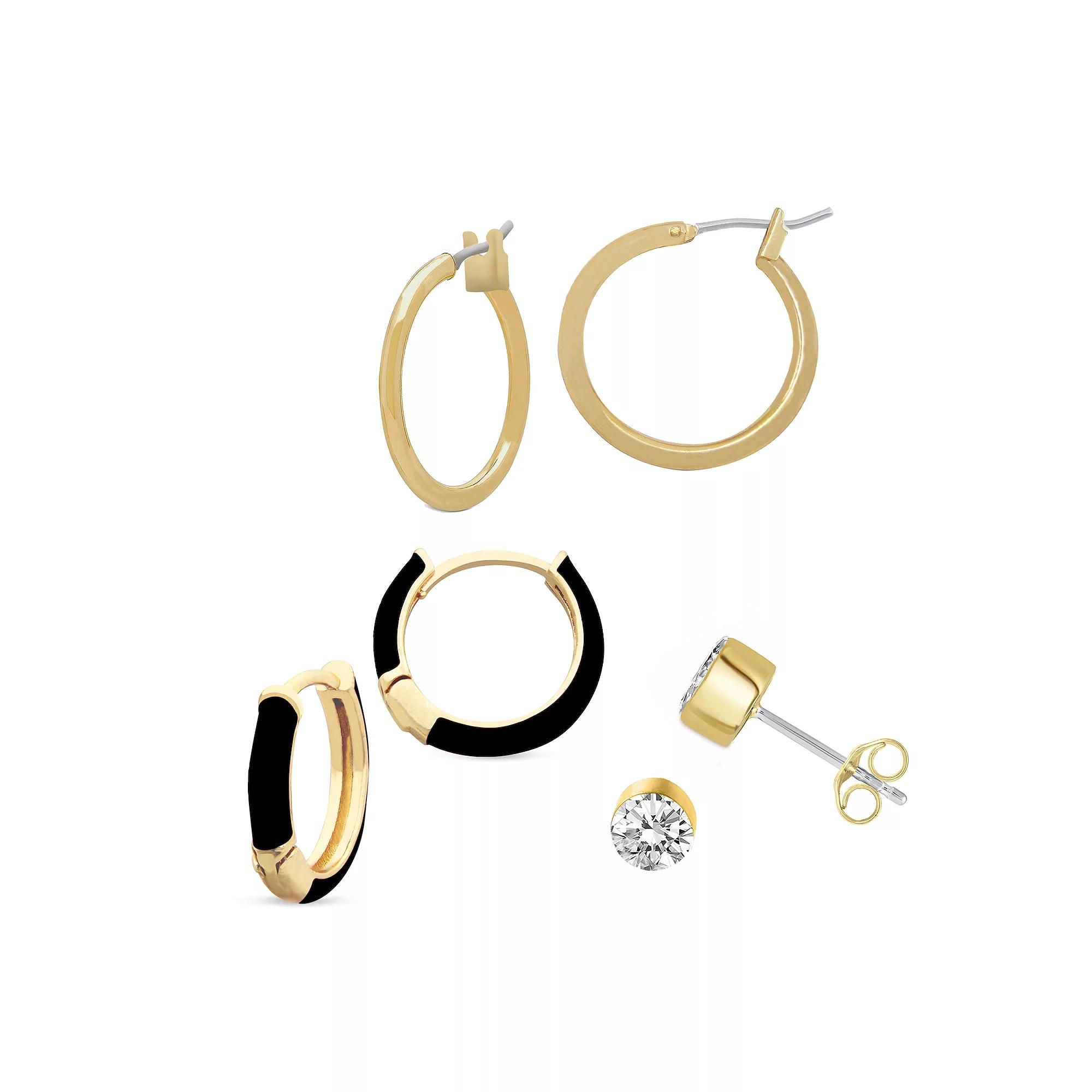 Royal Aura Black Enamel & Gold Tone Hoop & Stud Earring Trio Set, Women's, Gold Tone Black Product Image
