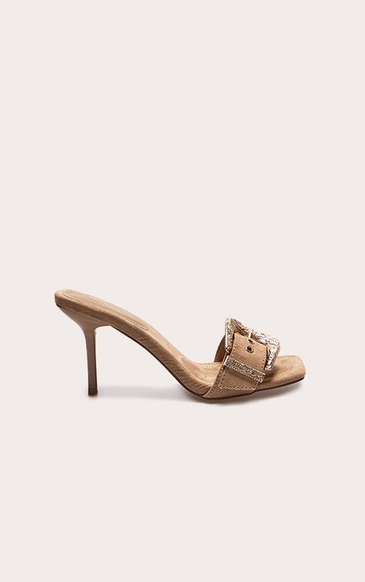 Camel Faux Suede Square Toe Western Buckle High Stiletto Heeled Mules Product Image