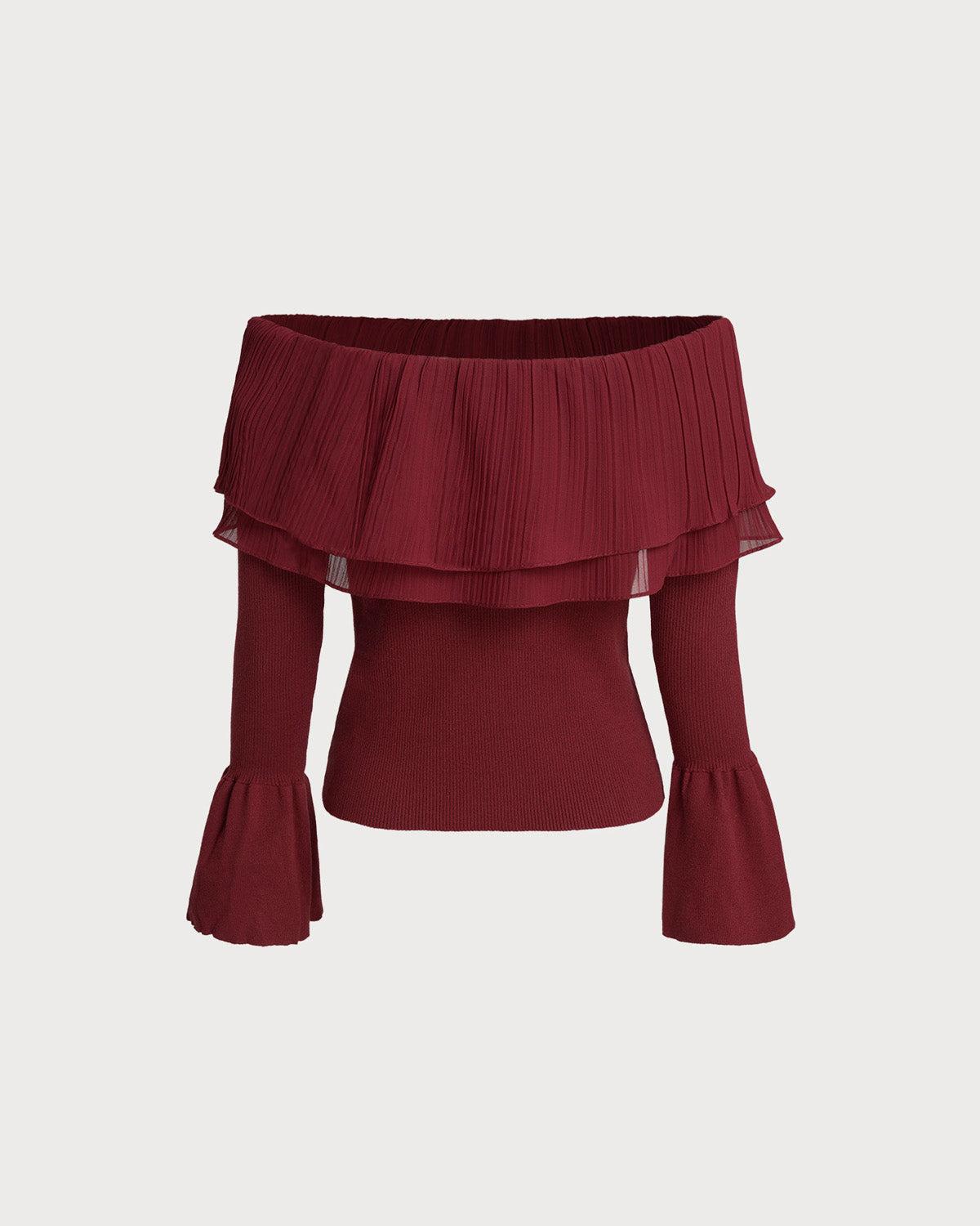 Red Off The Shoulder Bell Sleeve Sweater Product Image
