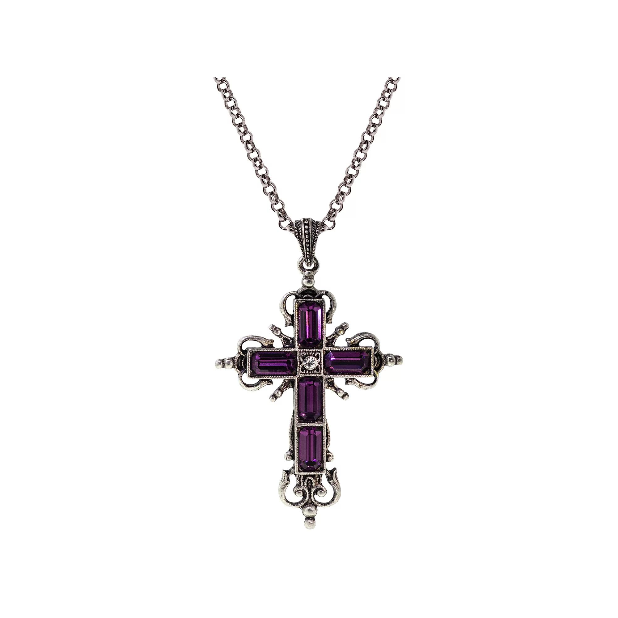 Symbols of Faith Simulated Crystal Cross Pendant Necklace, Womens, Silver Tone Purple Product Image