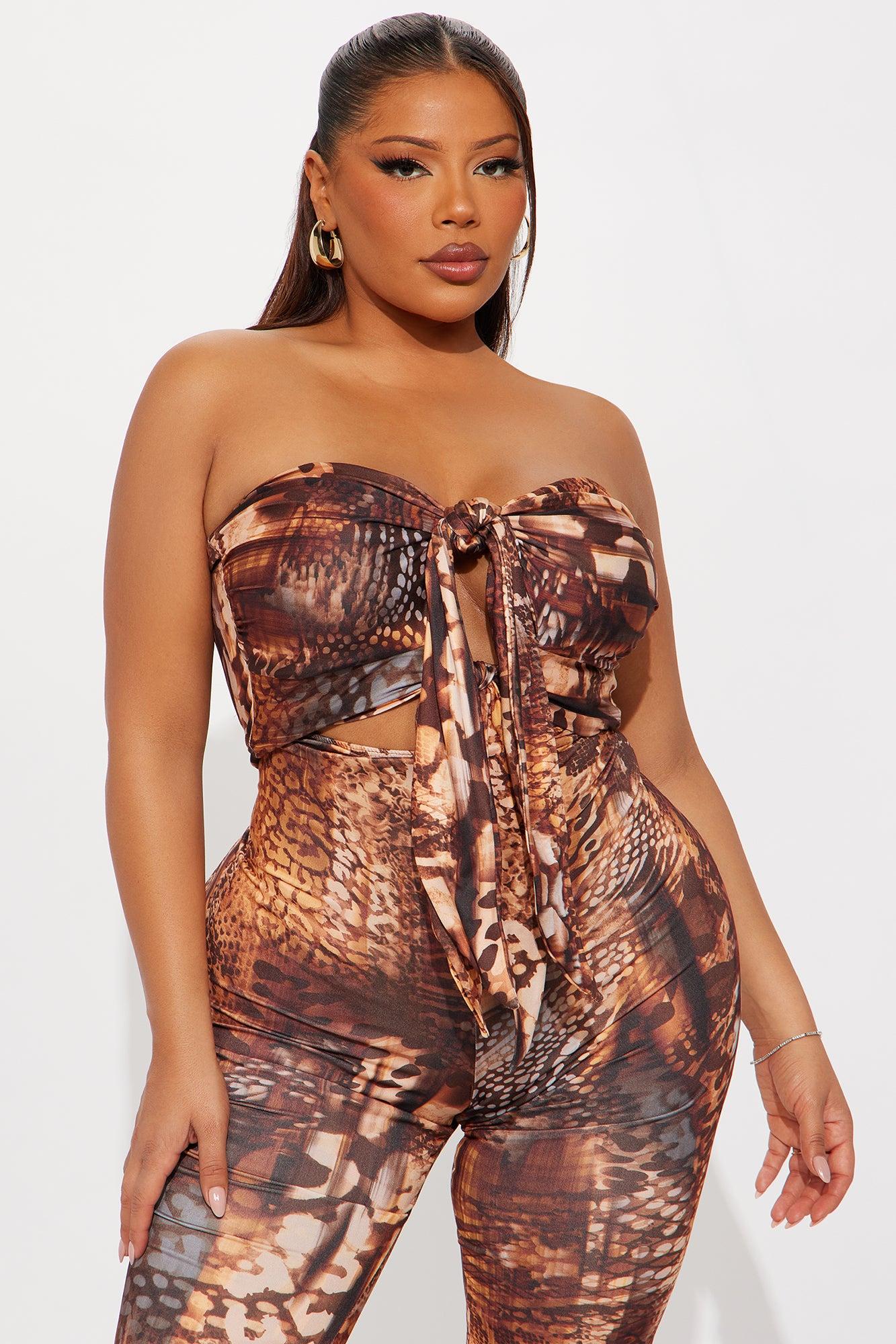 Zaria Strapless Flare Leg Jumpsuit - Brown Combo Female Product Image