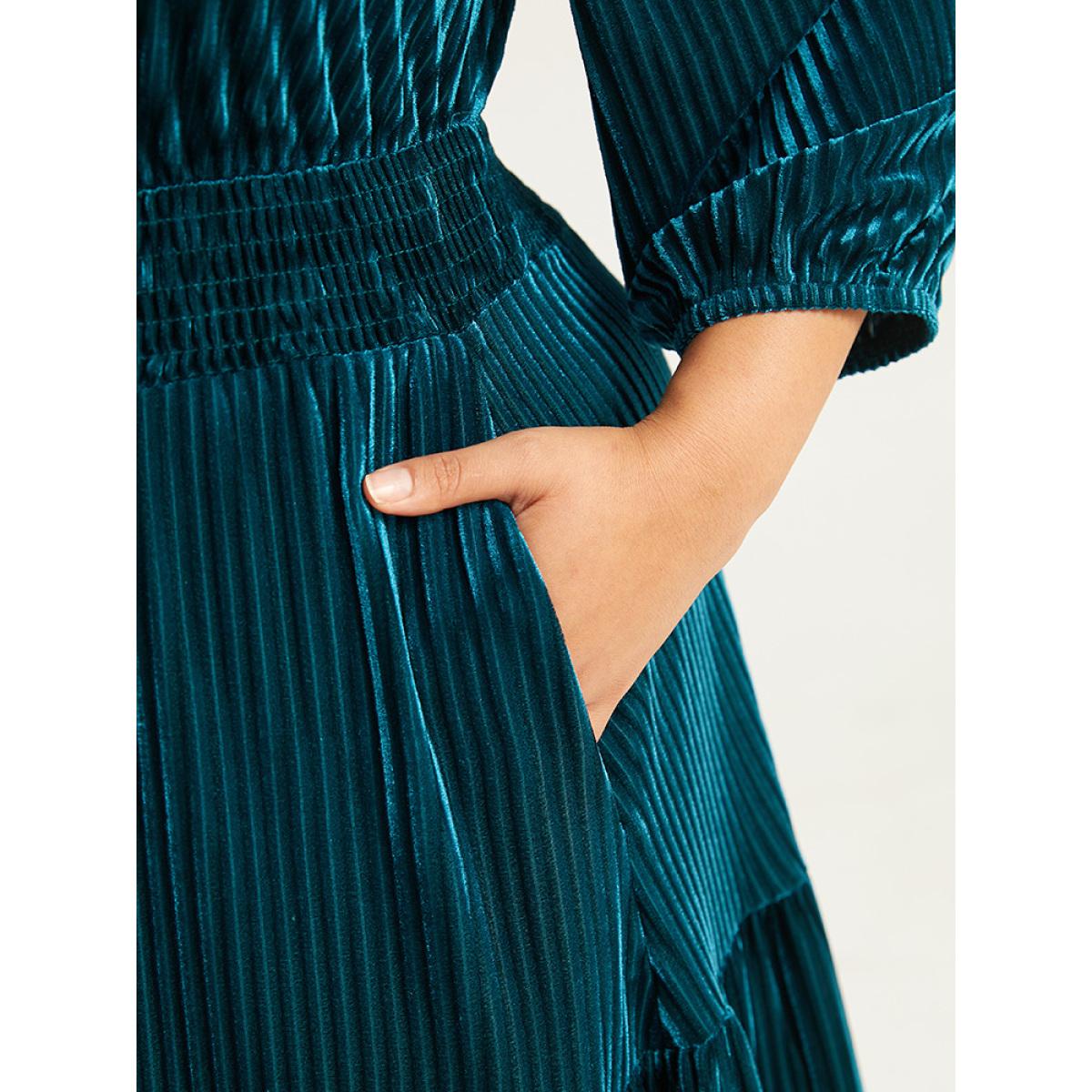 Plus Size Velvet Shirred Pocket Notched Dress Black Women Elegant Elastic cuffs Notched collar Elbow-length sleeve Curvy Midi Dress BloomChic 10/M Product Image