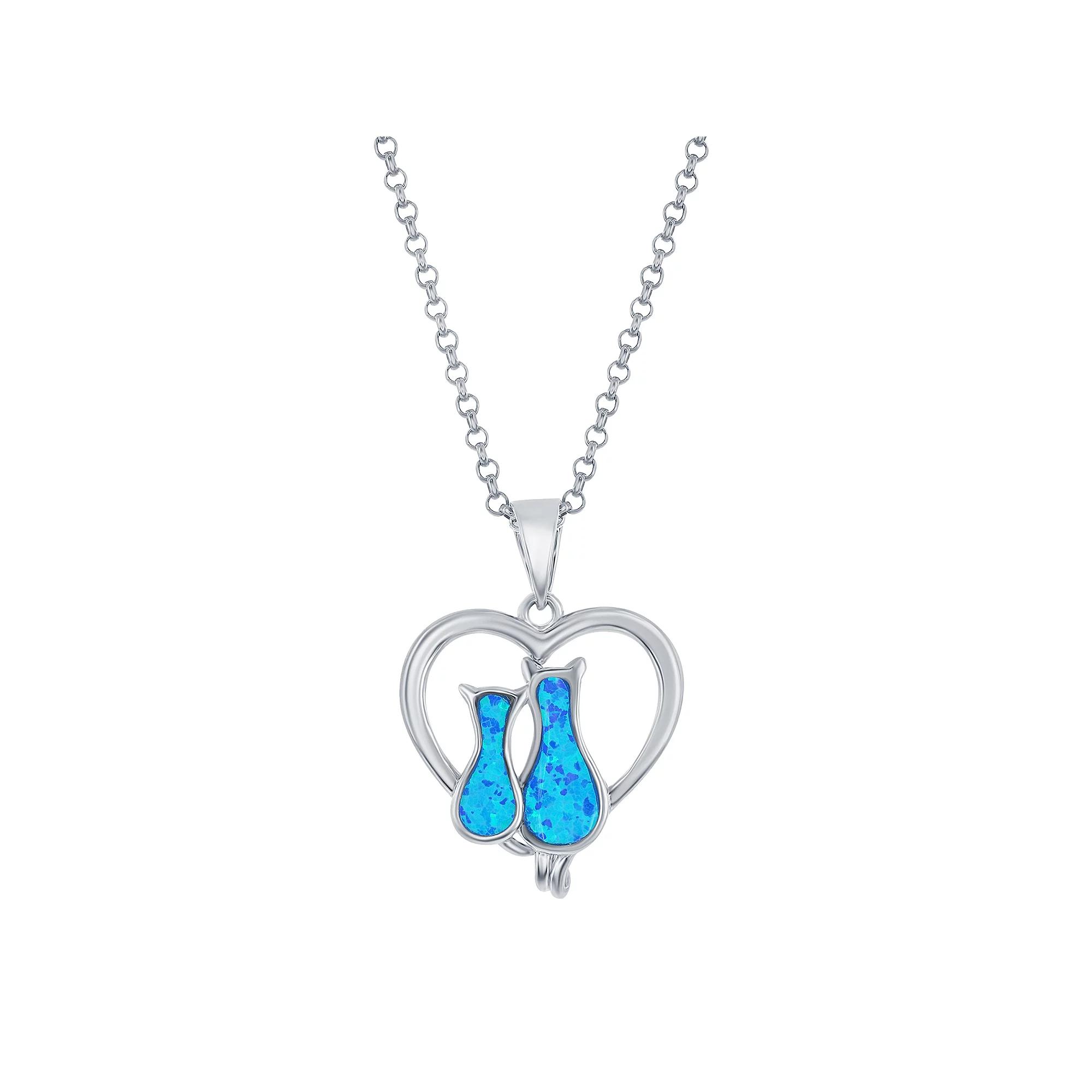 Sterling Silver Lab-Created Blue Opal Cats In Heart Necklace, Women's, Size: 18" Product Image
