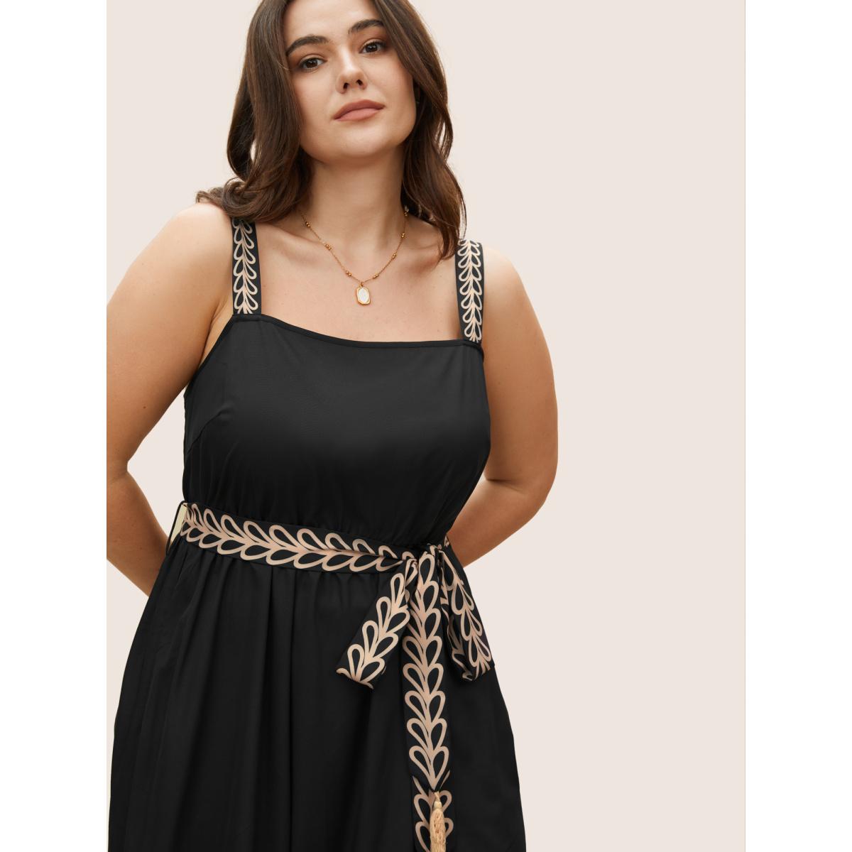 Plus Size Boho Print Tassel Belted Cami Dress Black Women Resort Non Sleeveless Curvy BloomChic 30/6X Product Image