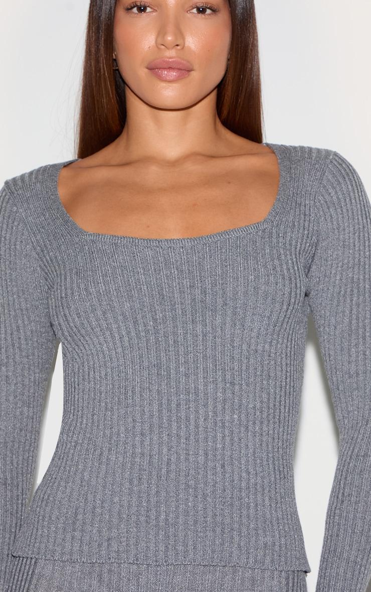 Tall Charcoal Rib Knit Square Neck Long Sleeve Top Product Image