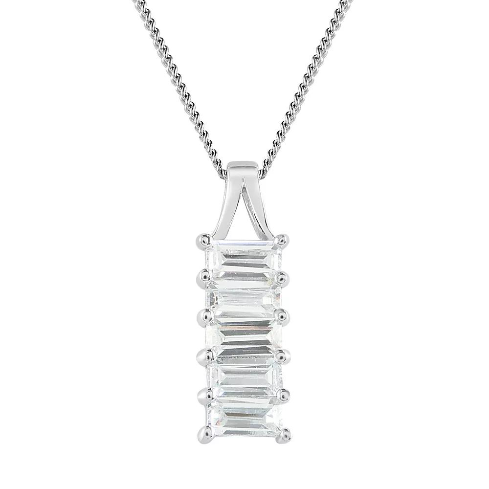 SIRI Sterling Silver Rhodium-Plated Baguette Bar Pendant with White Cubic Zirconia and 18" Chain, Women's Product Image