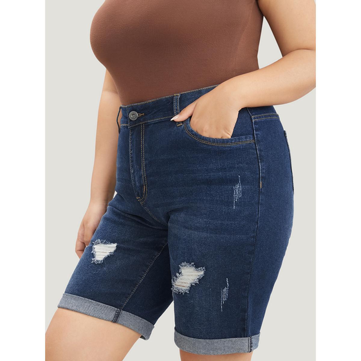 Plus Size Slightly Stretchy High Rise Dark Wash Distressed Denim Shorts Women DarkBlue Casual Plain Distressed Low stretch Pocket Jeans BloomChic 10/M Product Image