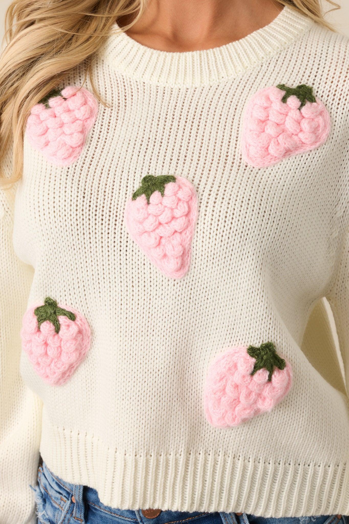 Berry Patch Picnic Ivory Crochet Strawberry Sweater Product Image