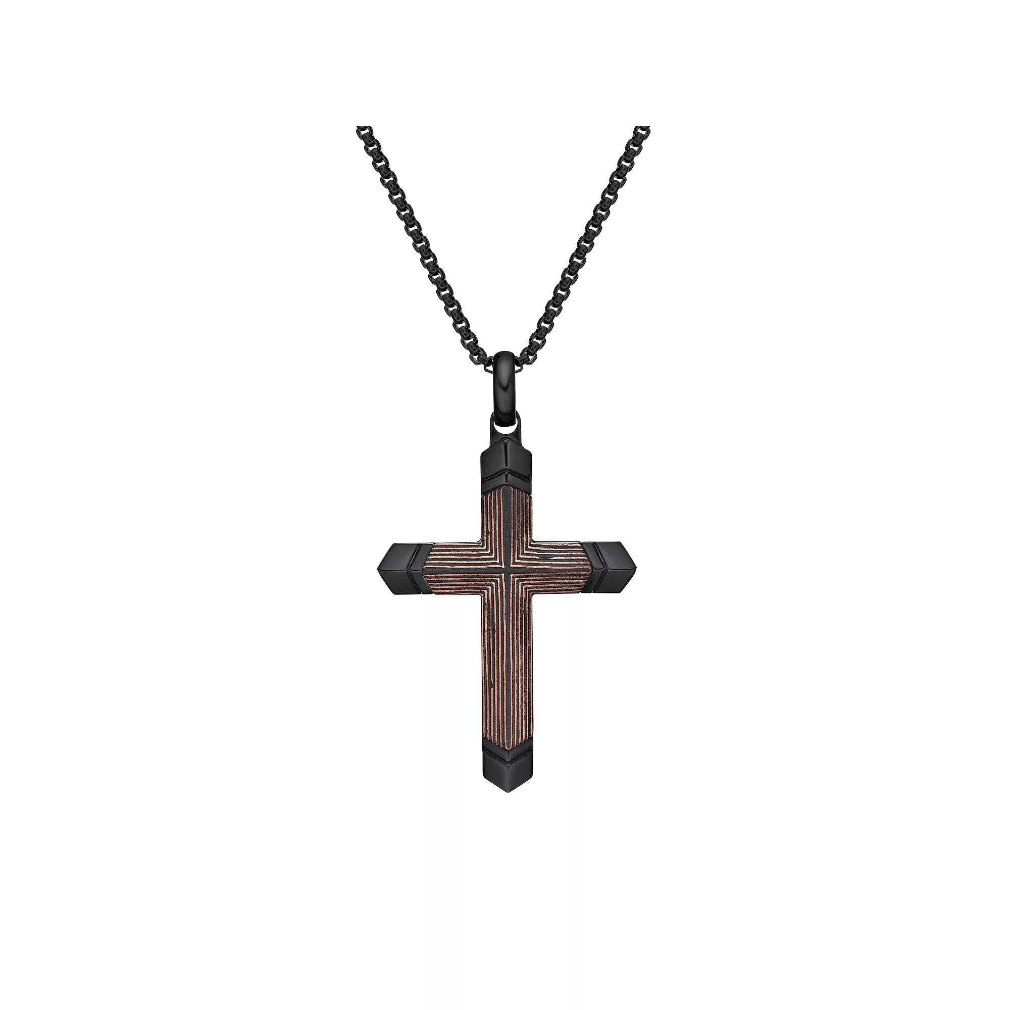LYNX Stainless Steel Carbon Fiber & Copper Foil Cross Pendant Black Ion-Plated Men's Necklace, Size: 24", Two Tone Product Image