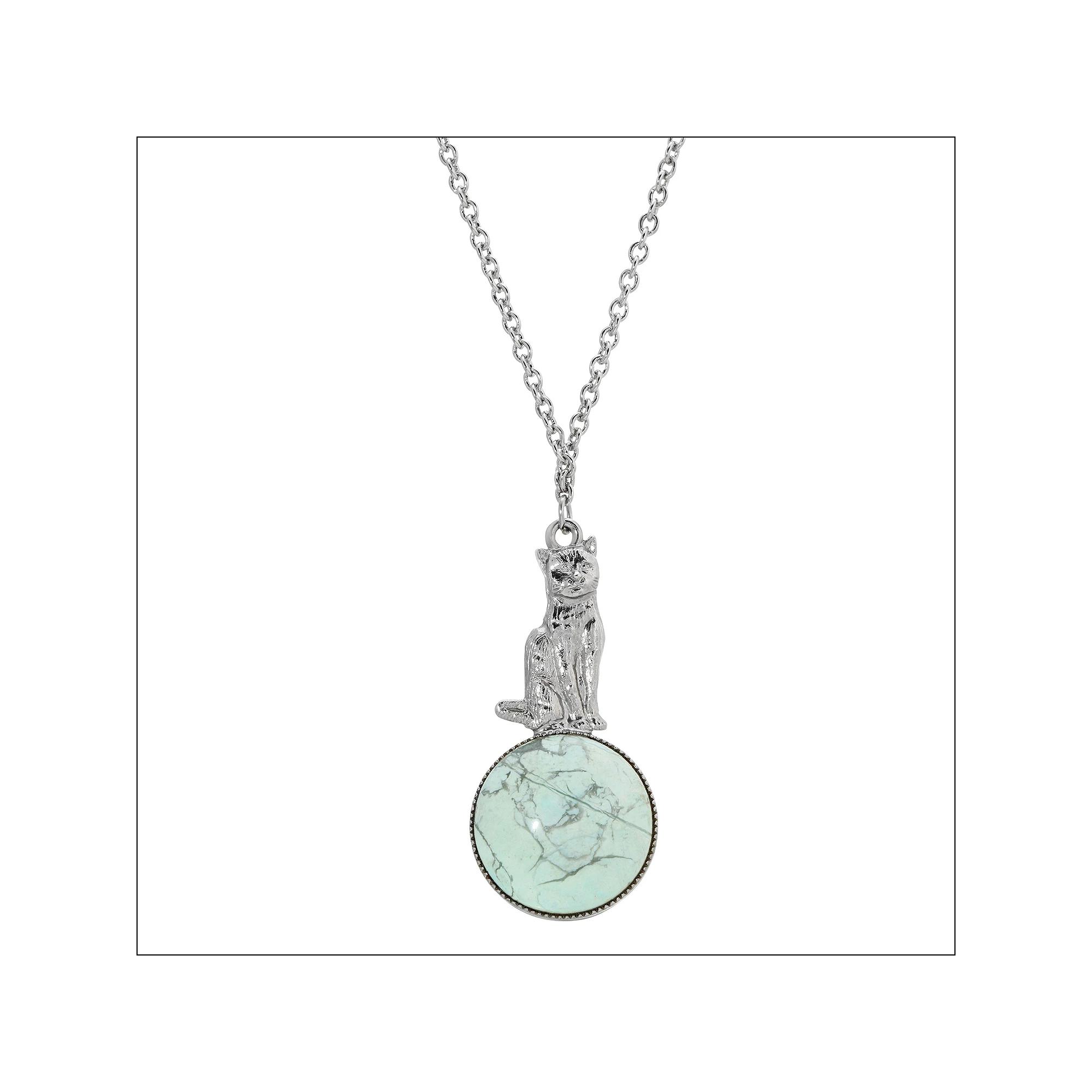 1928 Silver Tone Turquoise Cat Pendant Necklace, Women's Product Image