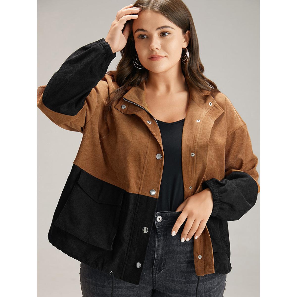 Plus Size Two Tone Zipper Pocket Button Up Jacket Women Black Elastic cuffs Pocket Dailywear Jackets BloomChic 28/5X Product Image
