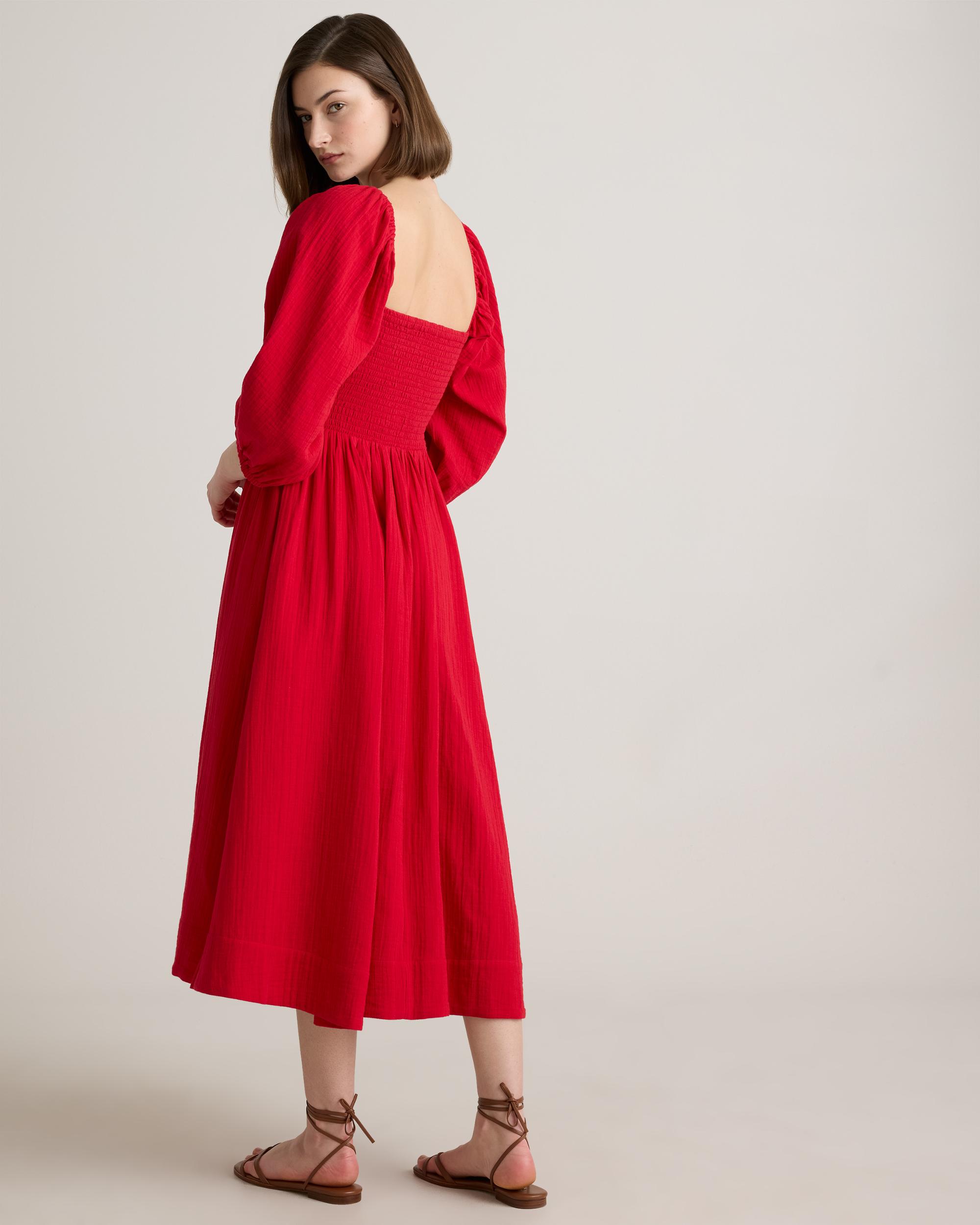 Quince | Women's Gauze Smocked Square Neck Midi Dress Organic Cotton Product Image