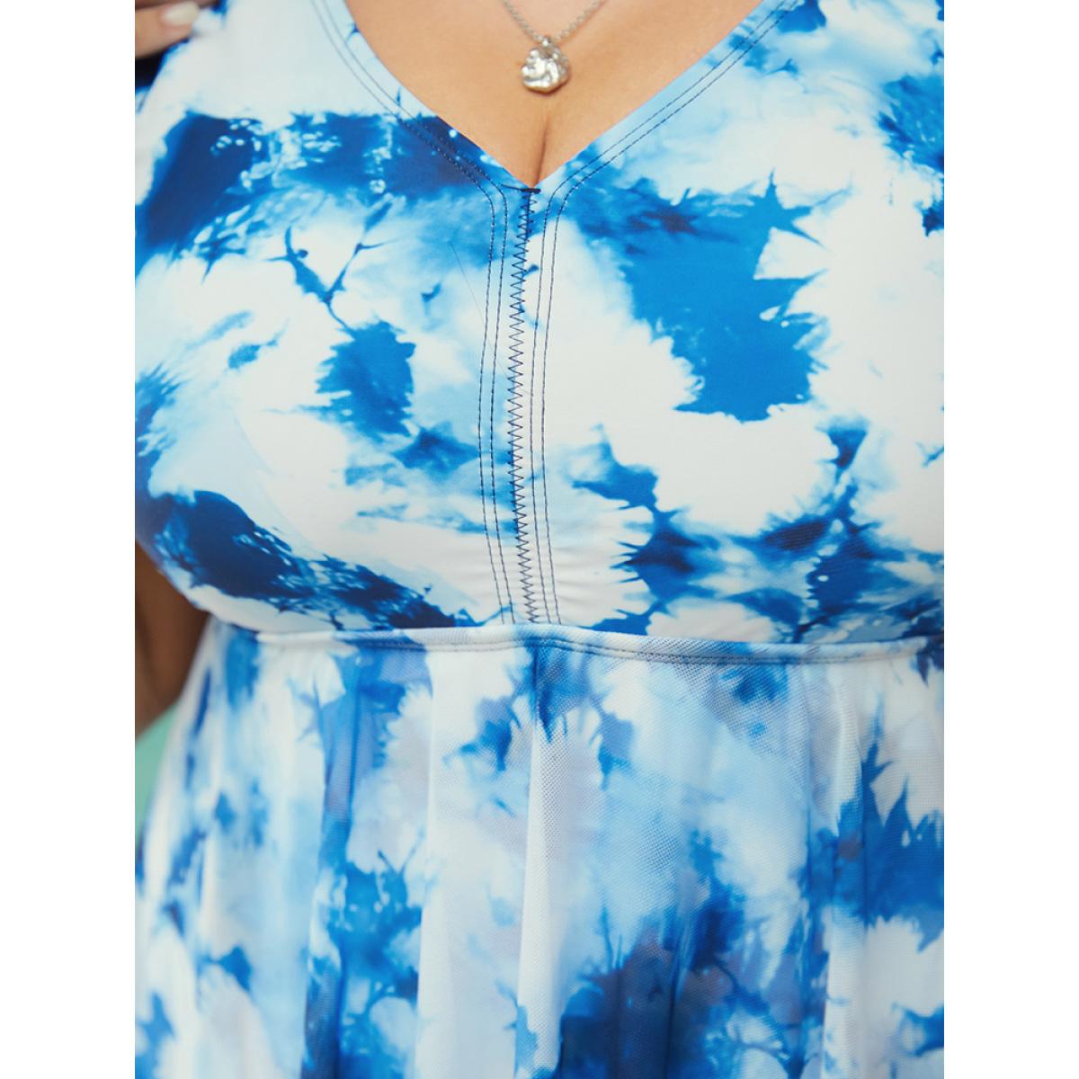 Plus Size Tie Dye V Neck Mesh Hanky Hem Swim Dress Women's Swimwear LightBlue Vacation Bodycon V-neck High stretch Curve Swim Dresses BloomChic 10/M Product Image