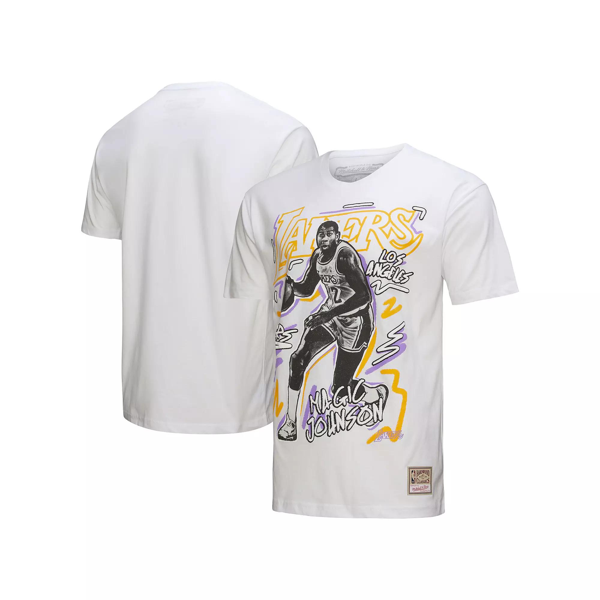 Men's Mitchell & Ness Magic Johnson White Los Angeles Lakers Hardwood Classics Chalked Up T-Shirt,  Product Image