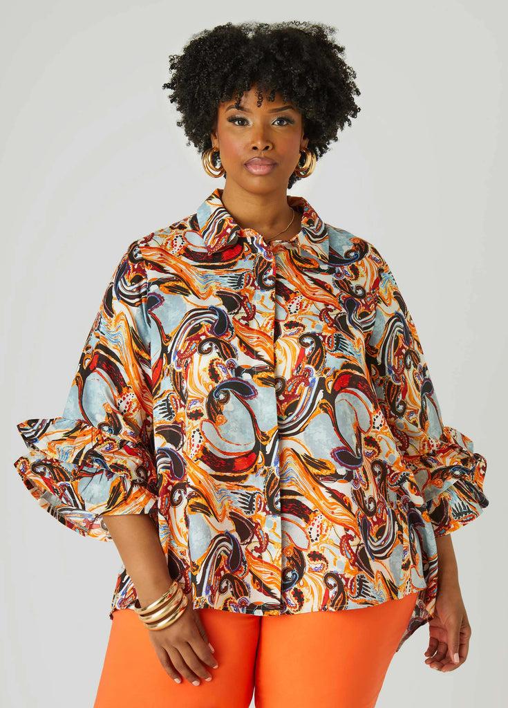 Plus Size Paisley Print Ruffle Sleeved Shirt Ashley Stewart Product Image
