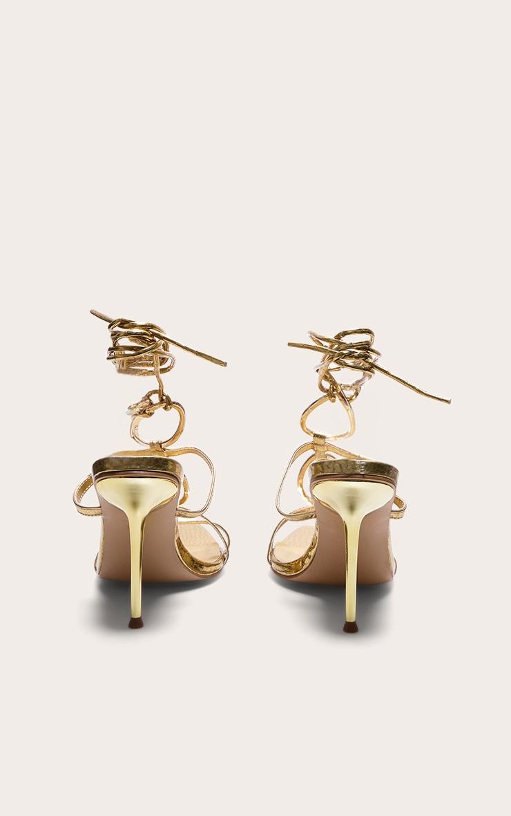 Gold Croc Pu Point Toe Ring Detail Lace Up Heeled Sandals Product Image