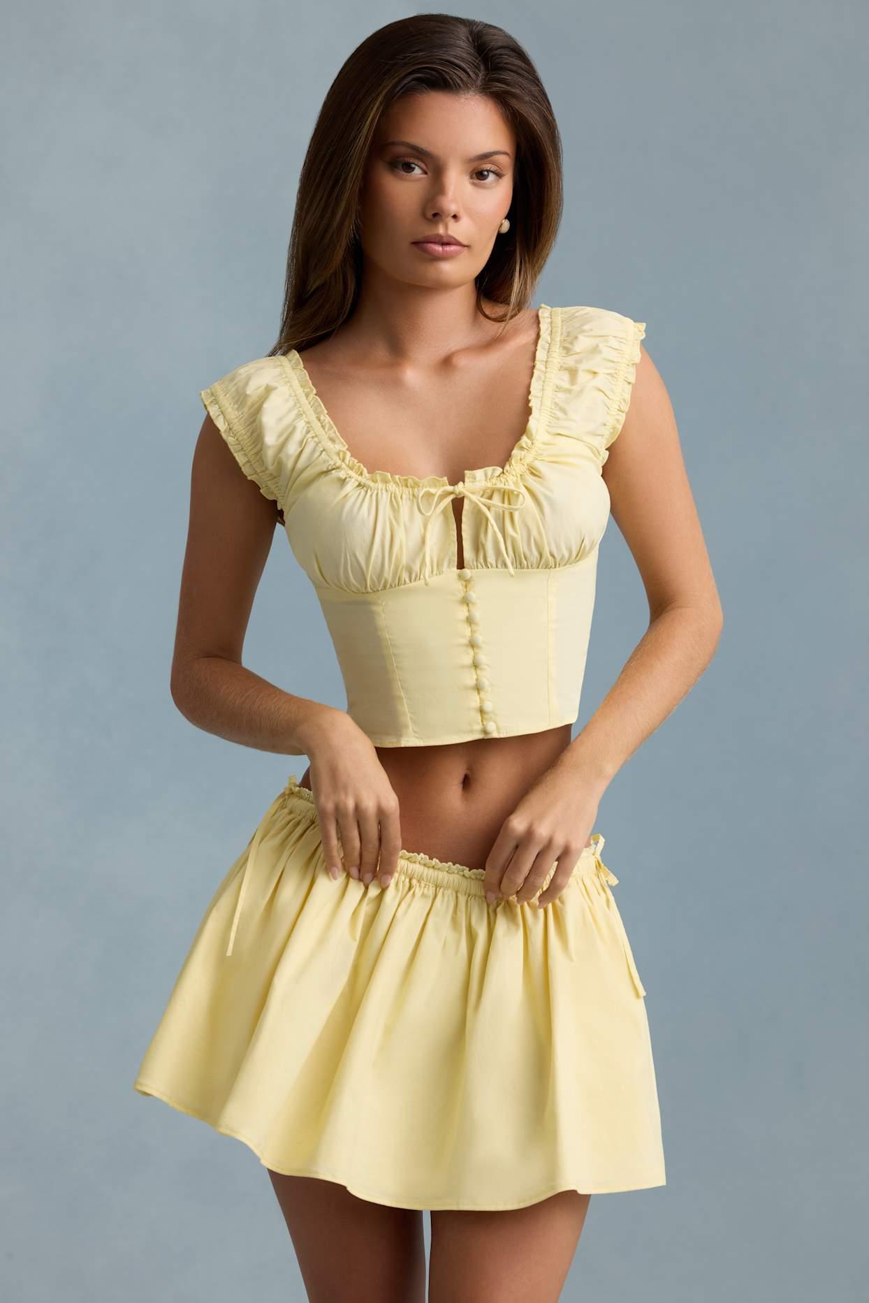 Ruched Cotton-Poplin Mini Skirt in Lemon Yellow Product Image