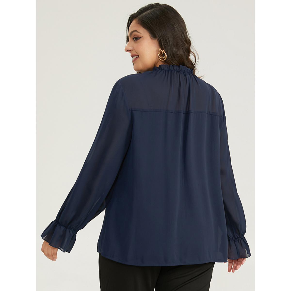 Plus Size Indigo Anti-Wrinkle Frill Trim Lantern Sleeve Blouse Women Office Long Sleeve Round Neck Work Blouses BloomChic 10/M Product Image