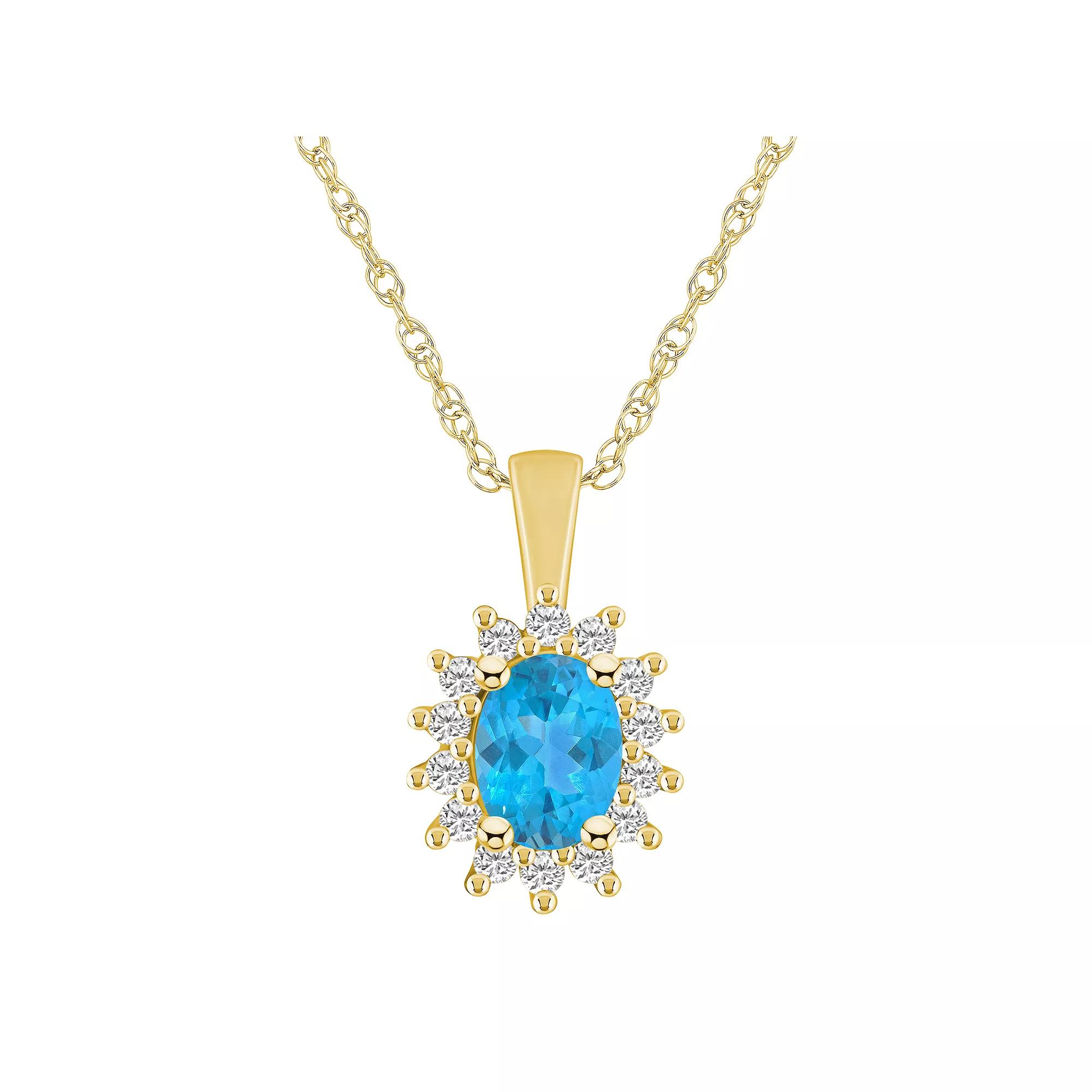 Alyson Layne 14k Gold Oval Blue Topaz & 1/3 Carat T.W. Diamond Halo Pendant Necklace, Women's, Size: 18" Product Image