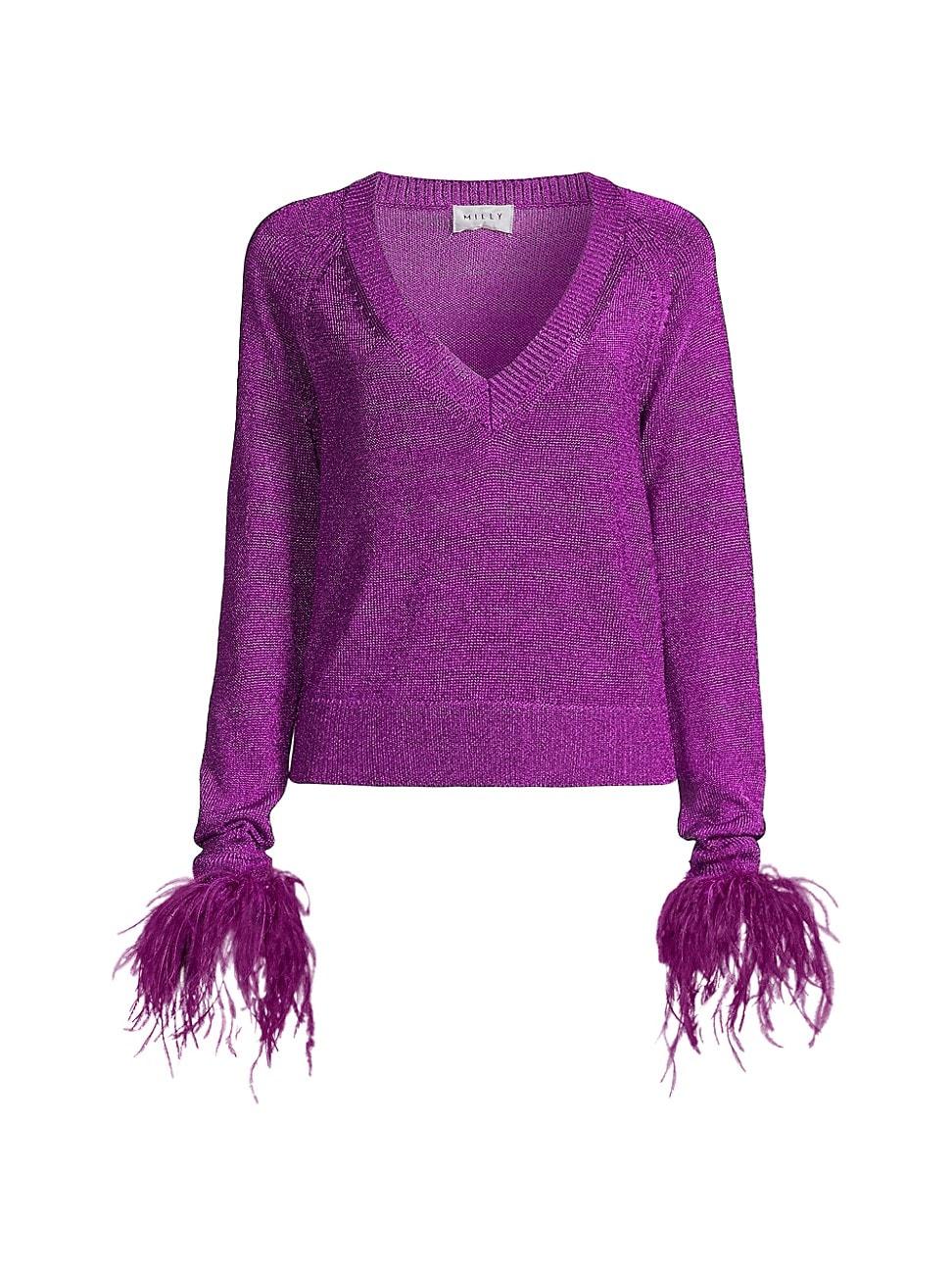 Womens Feather-Trimmed Metallic Knit Pullover Sweater Product Image