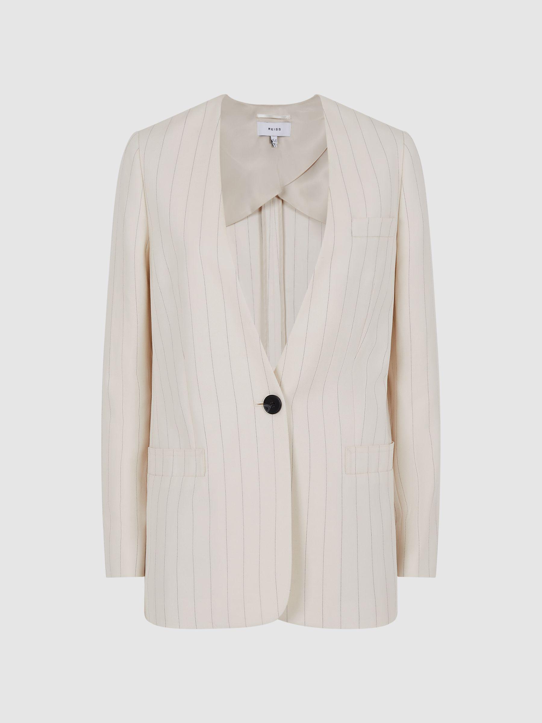 Collarless Pinstripe Blazer in White Product Image