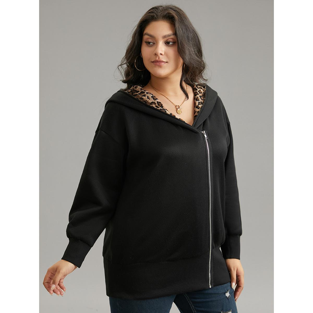 Plus Size Leopard Patchwork Zipper Hooded Jacket Women Black Contrast Pocket Dailywear Jackets BloomChic 18-20/2X Product Image