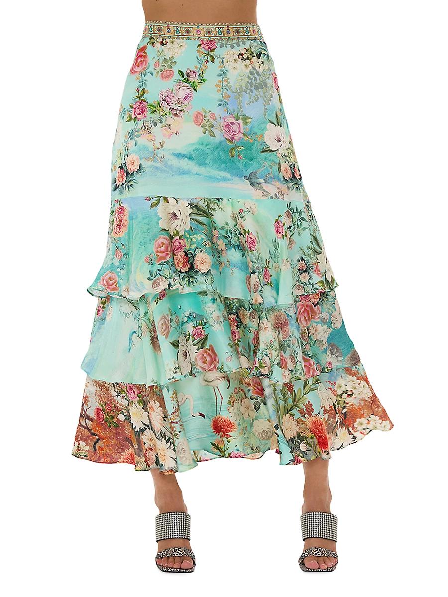 Womens Floral Silk Ruffled Maxi Skirt Product Image
