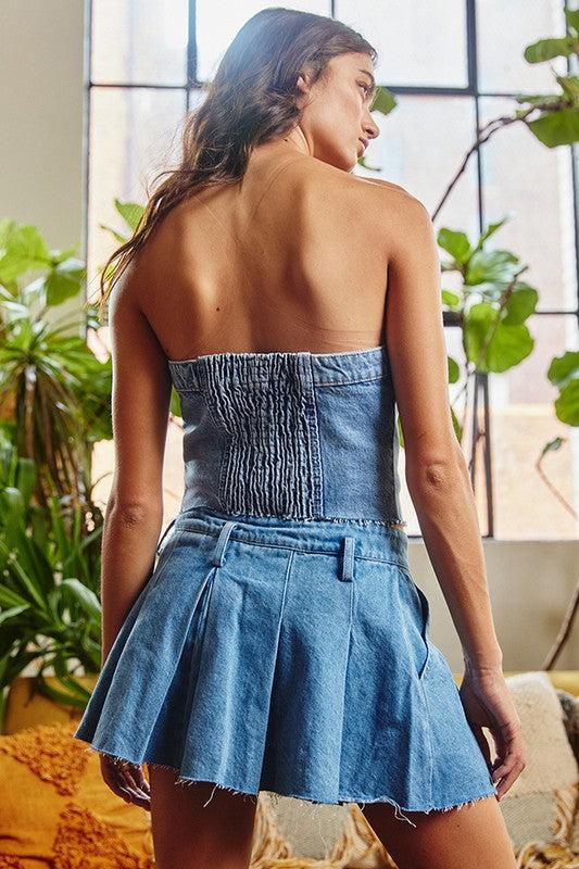 Pleated Denim Mini Skirt - Blue Product Image