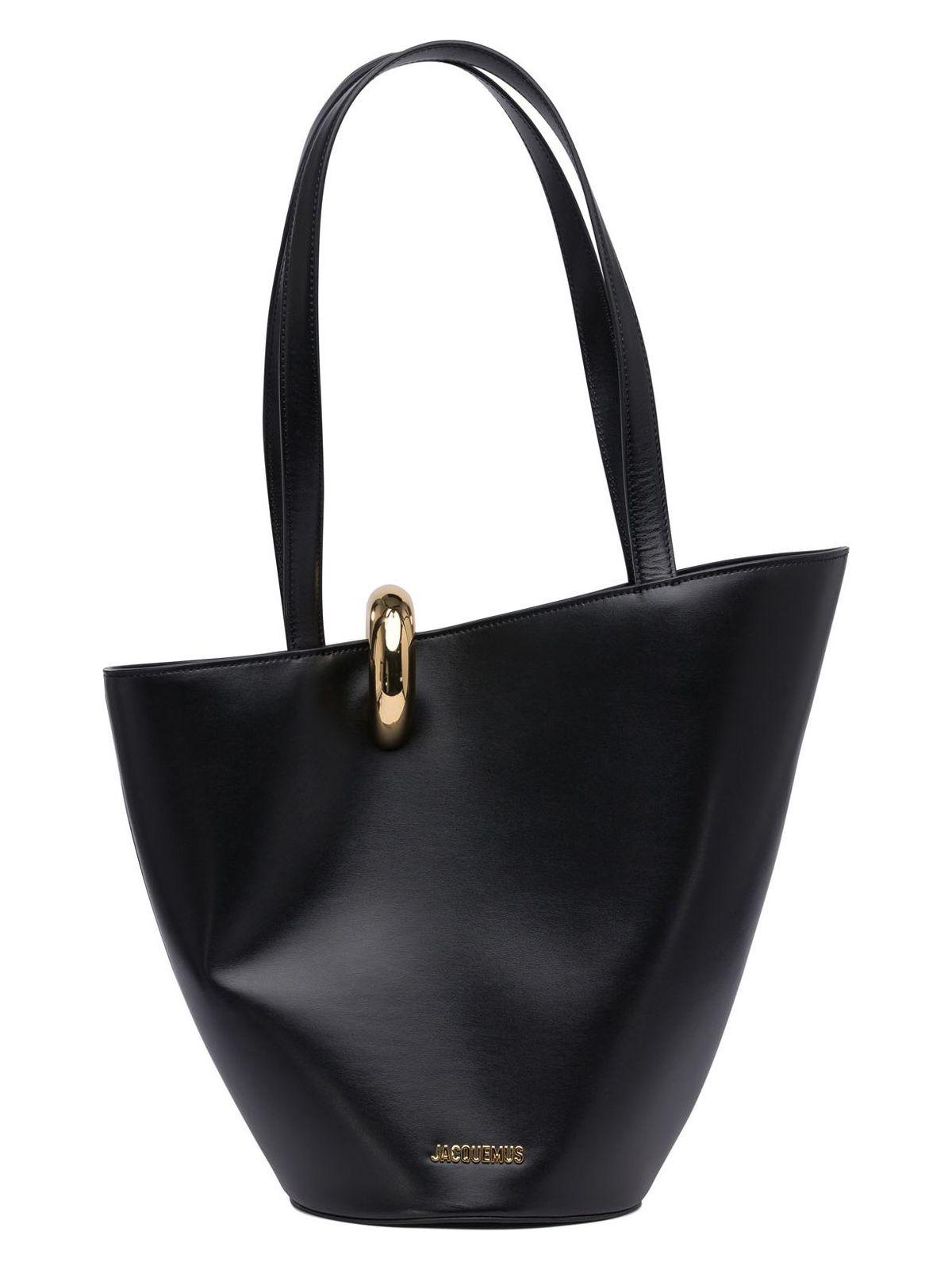 JACQUEMUS The Medium Bambola Asymmetric Leather Bucket Bag In Black 990 Product Image