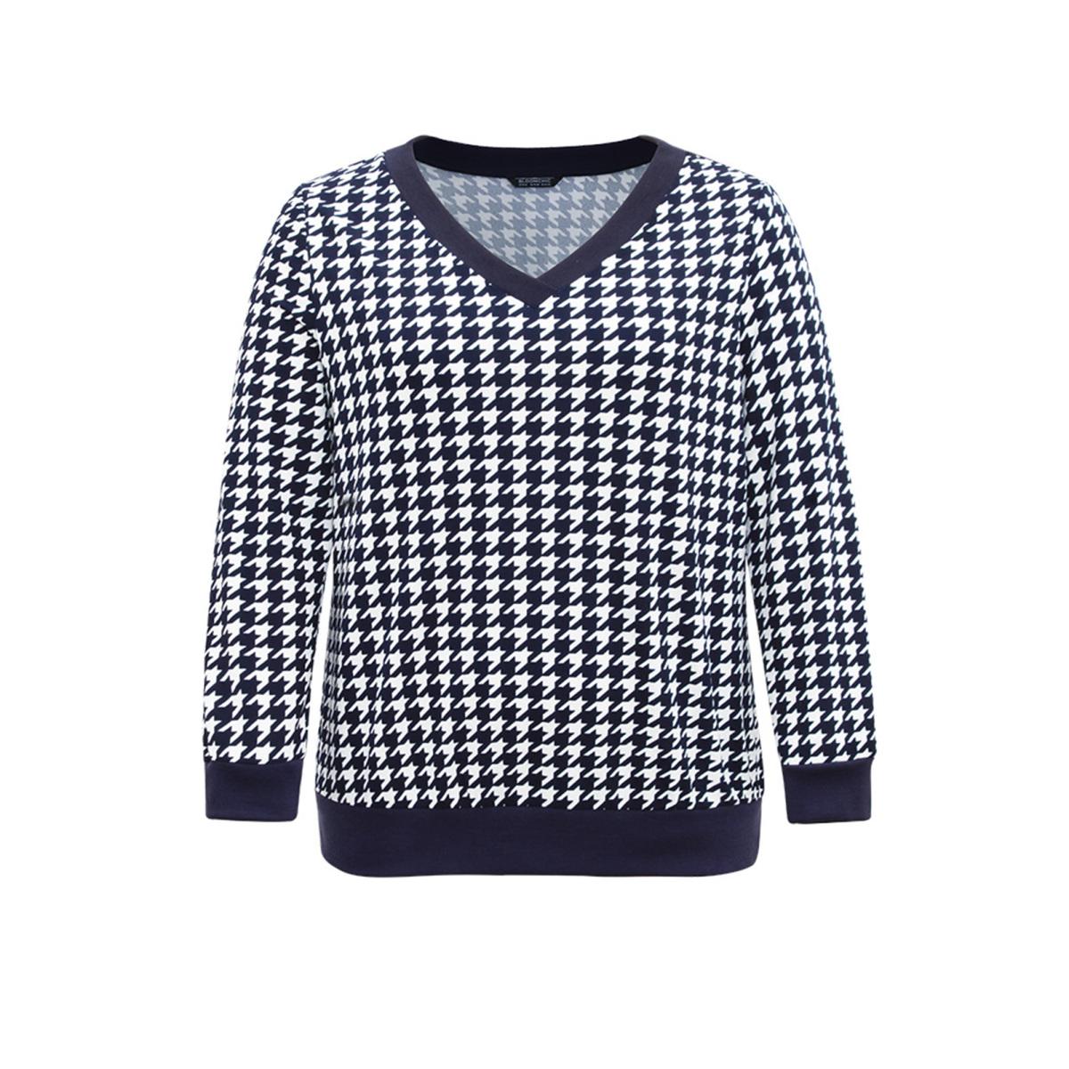 Plus Size Houndstooth Contrast V Neck Sweatshirt Midnight Women Casual Contrast Houndstooth V-neck Dailywear T-shirts BloomChic 14-16/1X Product Image